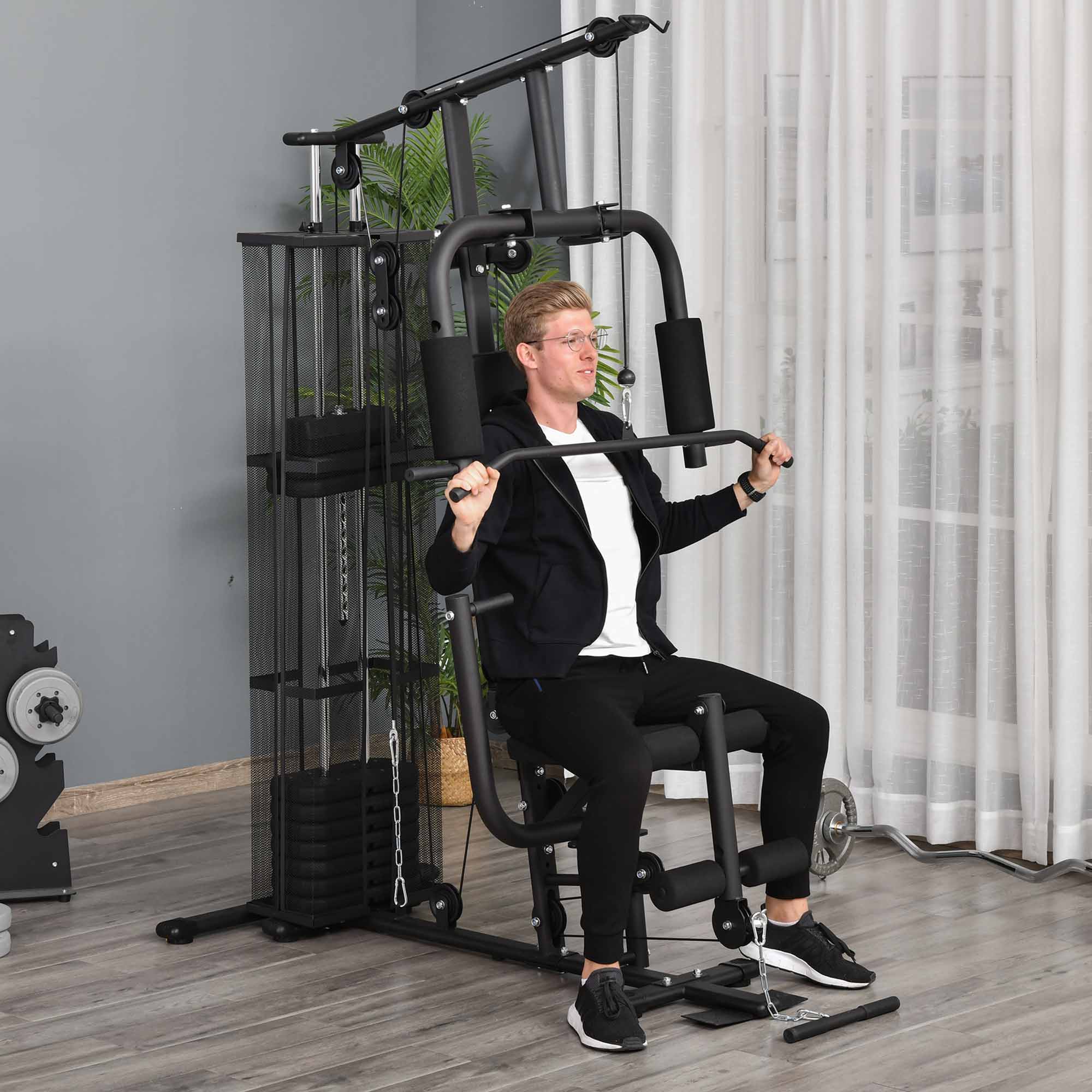 HOMCOM Kraftstation Fitnessstation Fitnessgerät Multifunktion Krafttraining Multistation Trainingsstation mit Latzug Butterflystange 45kg Gewichten Seil, Fitnessgeräte für Zuhause Schwarz