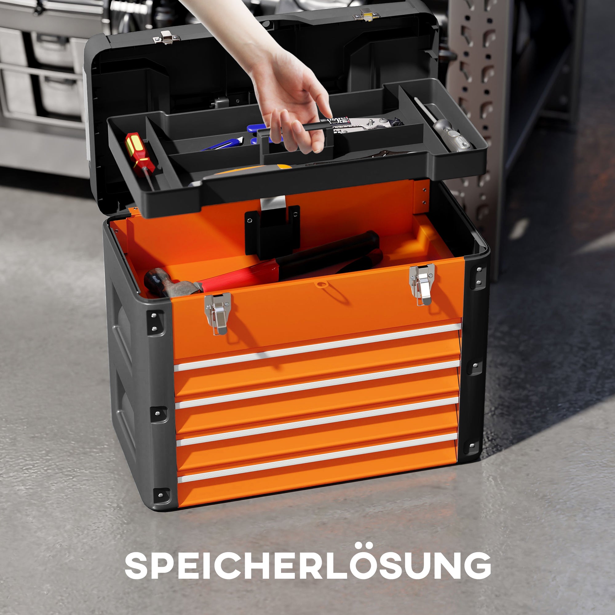 HOMCOM Werkzeugkiste leer, 49,7 x 25,3 x 40,7 cm Werkzeugkasten mit 4 Schubladen, Mini-Box Stahl Orange