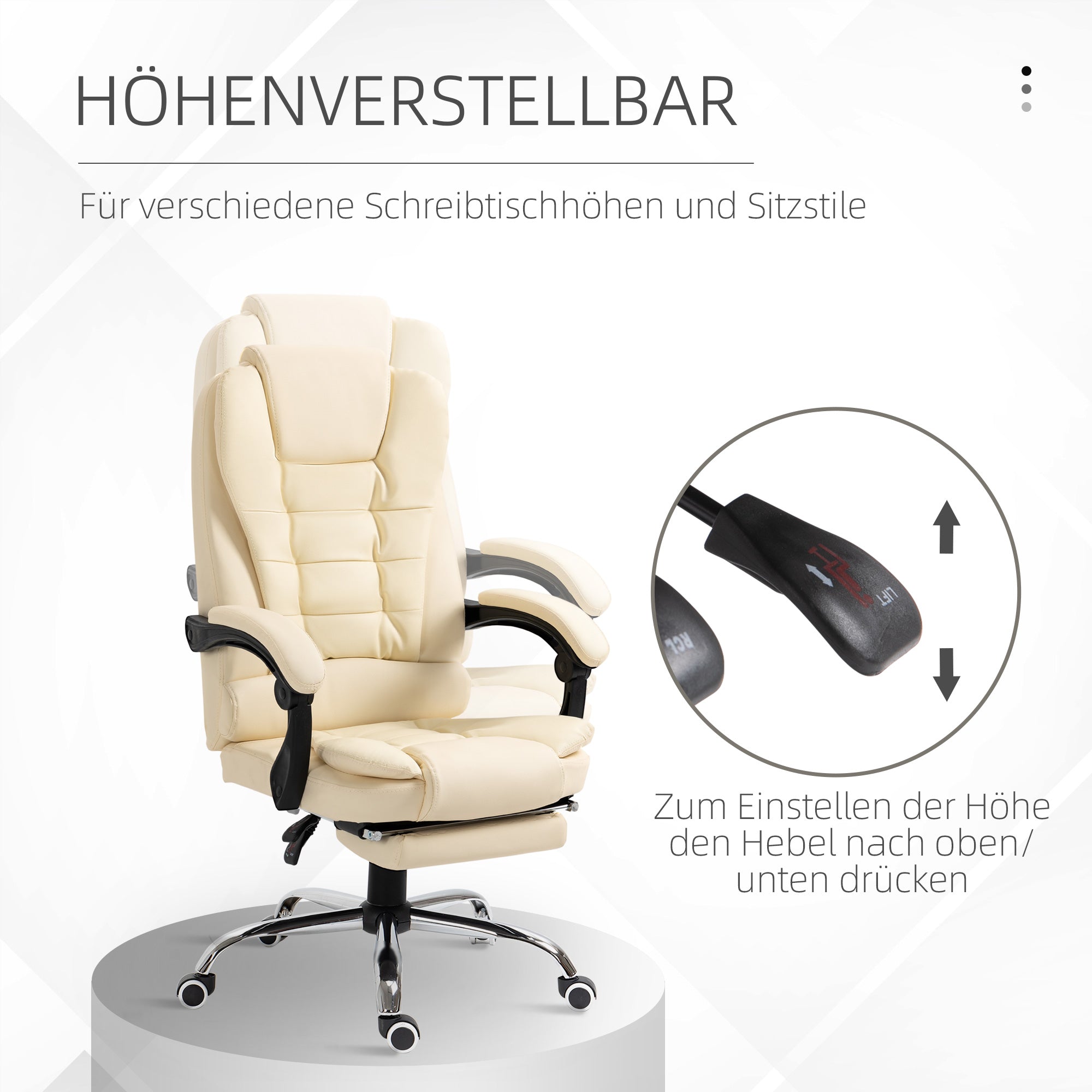 HOMCOM Bürostuhl mit Fußstütze, Schreibtischstuhl, verstellbare Rückenlehne, höhenverstellbar, Creme + Schwarz + Silber