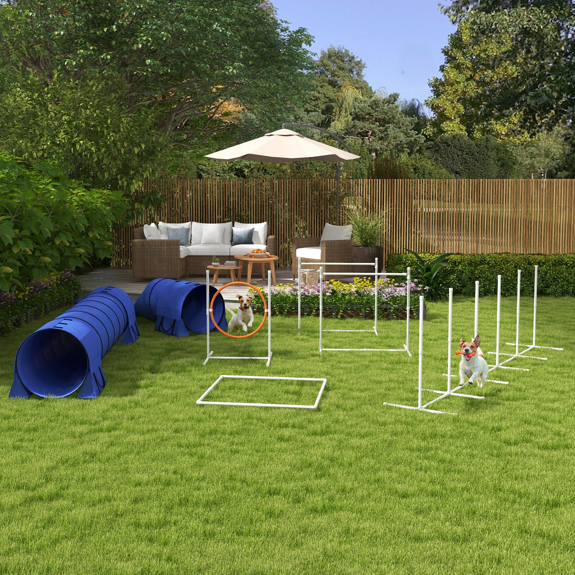 PawHut Hunde-Agiliy-Set Hundeparcours, 1 Reifen,  2 Tunnel 2 Hürden, 321 cm x 63c m x 93 cm, Blau + Rot+ Weiß