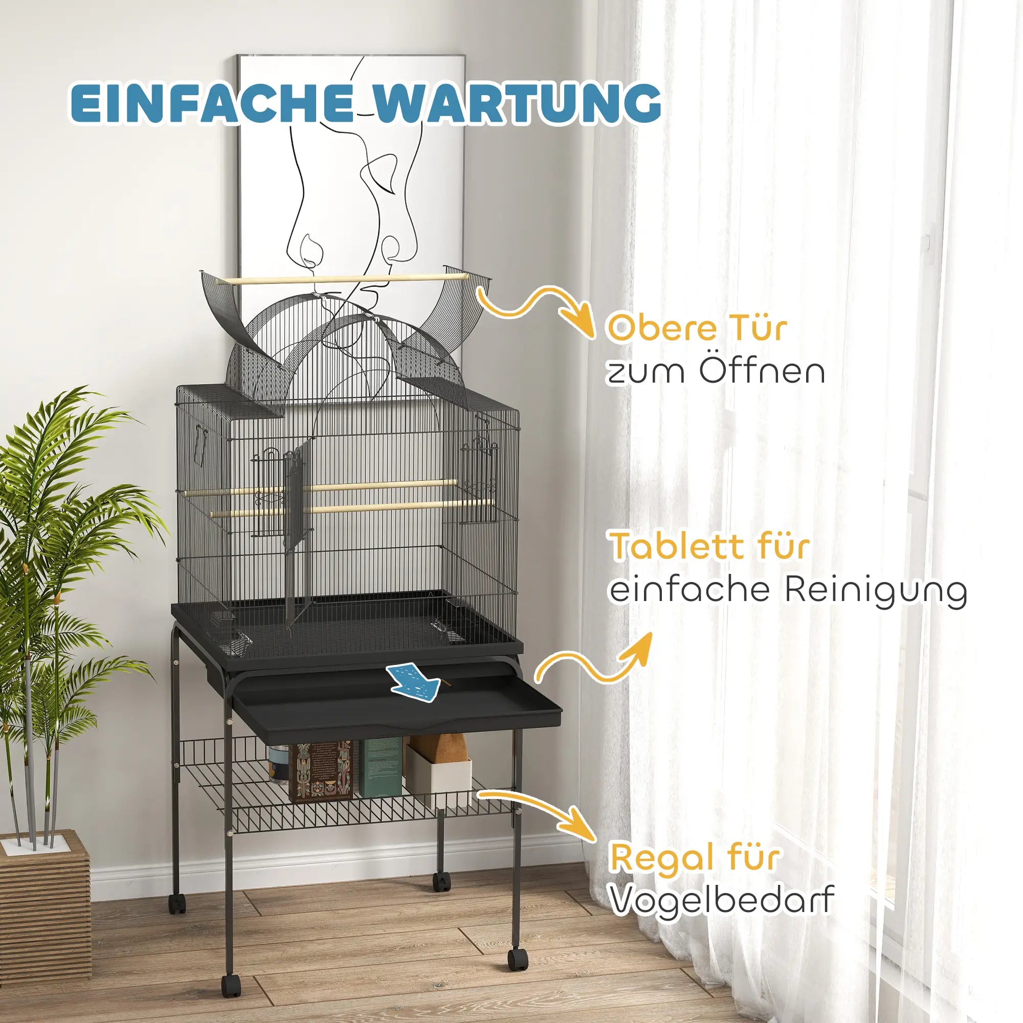 PawHut Vogelkäfig für Kanarienvögel & Wellensittiche, mobil, mit Bodenfach, Metallgitter, Schwarz