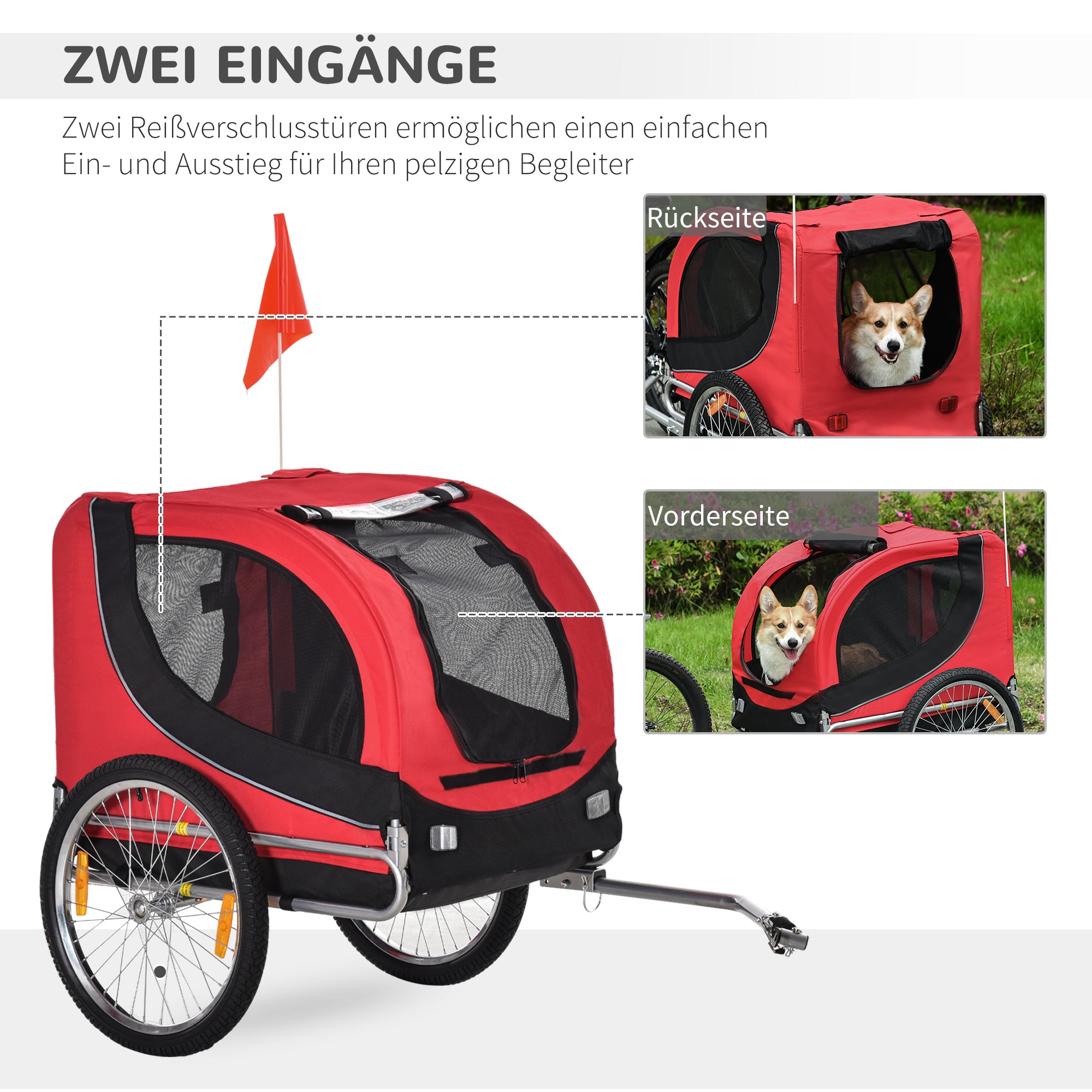 PawHut Fahrradanhänger Hundeanhänger bis 20 kg mit Universalkupplung Stahl Rot+Schwarz
