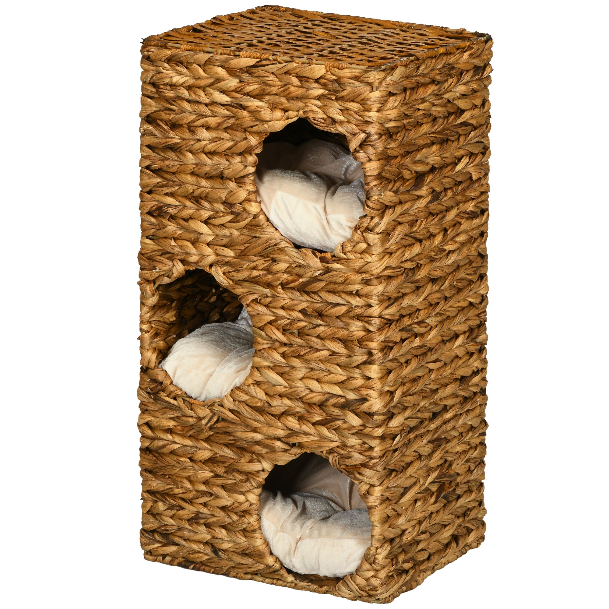 PawHut Kratztonne 76 cm mit 3 Höhlen & Kissen – Naturdesign