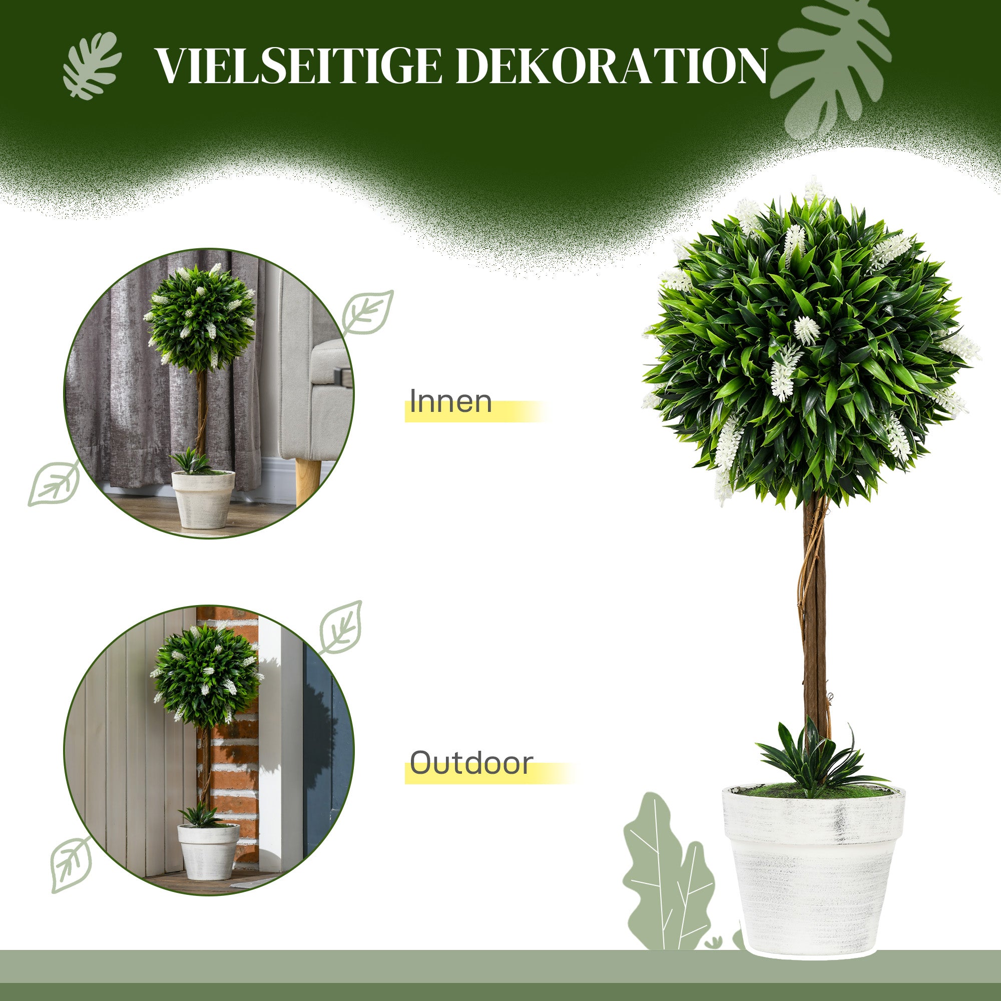 HOMCOM 2er-Set Lavendel Kunstbaum, 60 cm hoch, inkl. Topf und Kunstmoos, Weiß