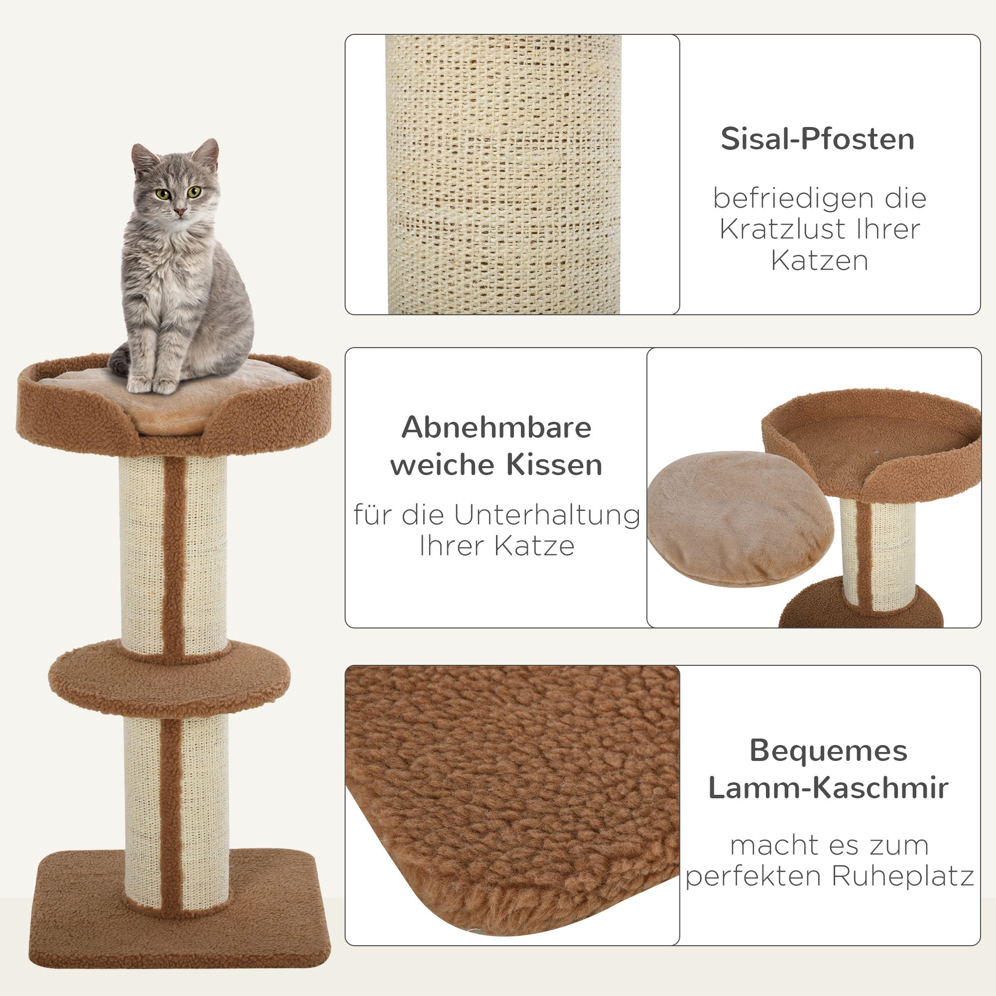 PawHut Kratzbaum 91 cm Katzenturm mit Sisalstämme, Plattform, Kissen mehrstöckiger Katzenkratzbaum, Kletterbaum, für mittelgroße Katzen, Hellbraun