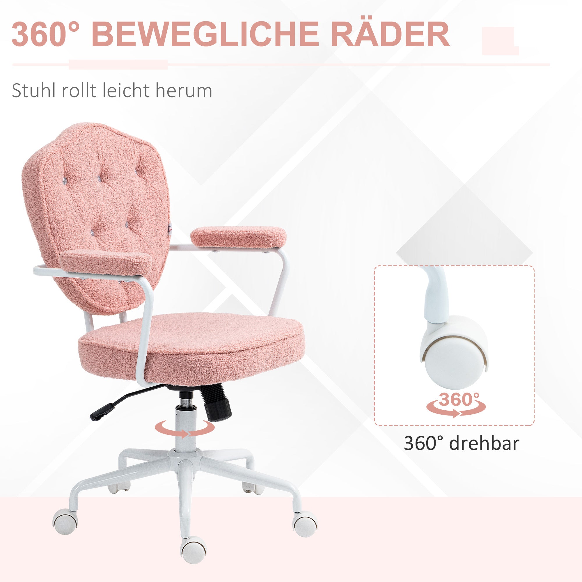 HOMCOM Schöner Bürostuhl mit geknöpftem, weichem Bezug, höhenverstellbar, Rosa