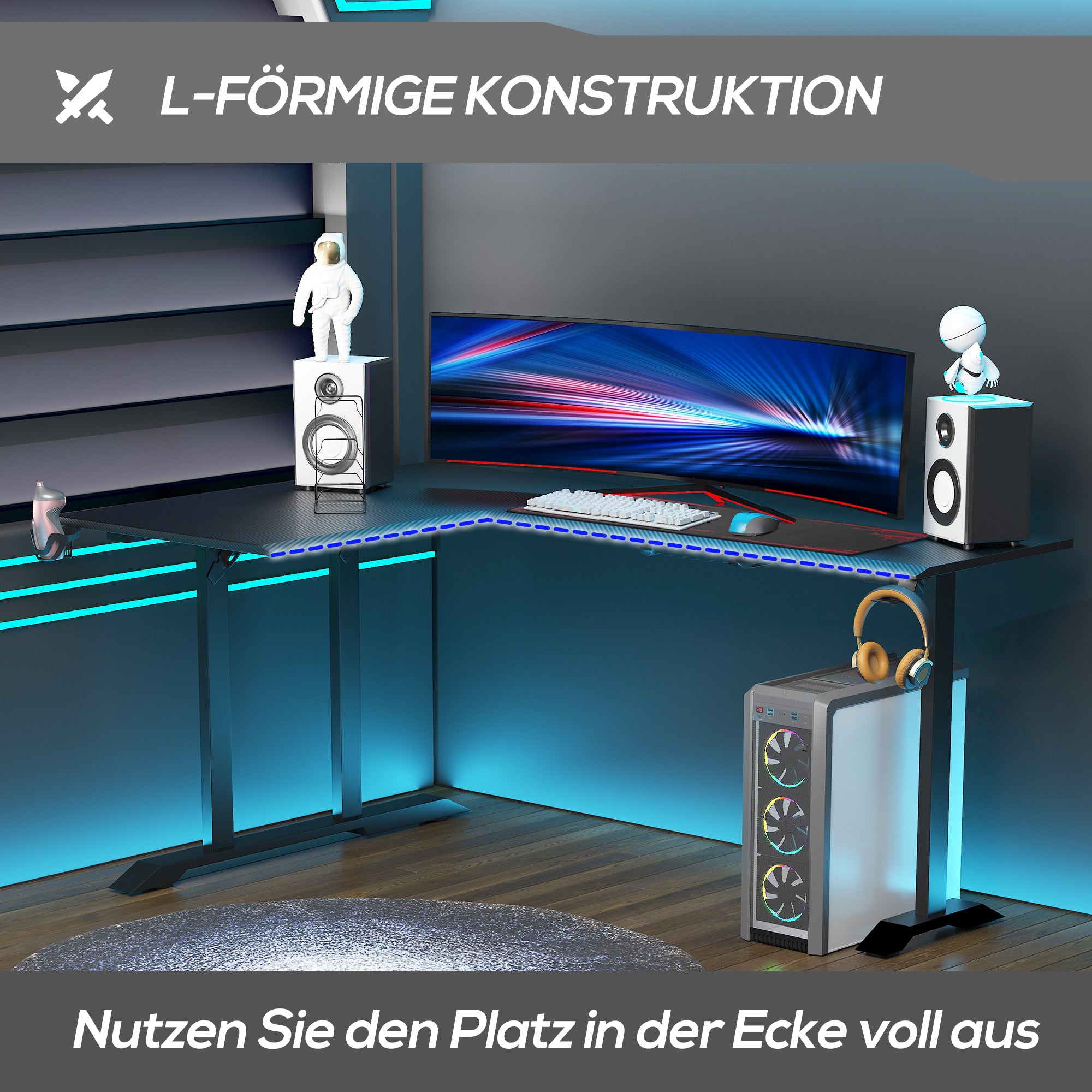 HOMCOM Gaming Tisch Schreibtisch L-förmige mit Kopfhörerhaken Getränkehalterung Computertisch MDF Metall Schwarz+Rot 168 x 109 x 78 cm