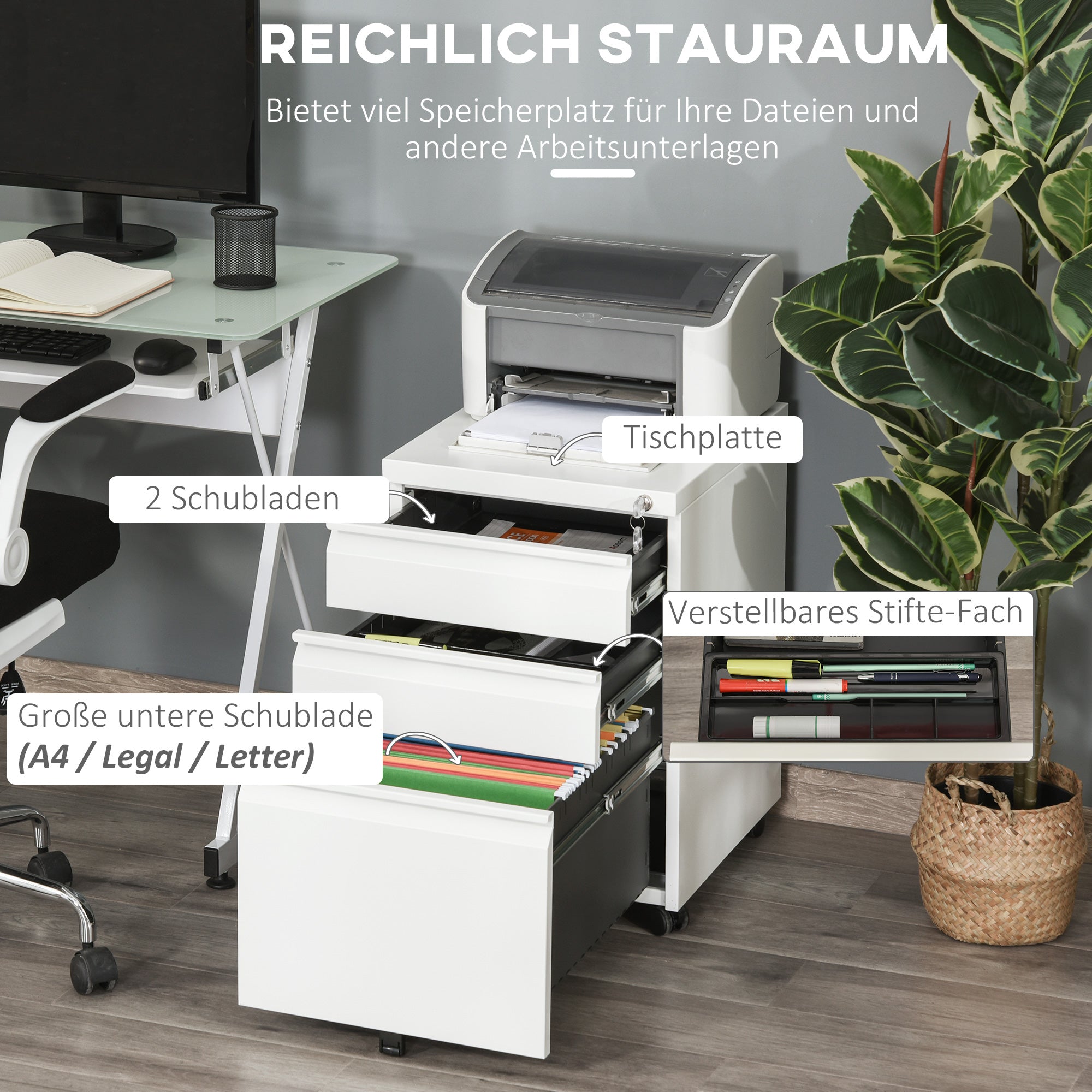 HOMCOM Rollcontainer mit 3 Schubladen mobiler Aktenschrank mit Rollen abschließbar Büroschrank mit konkavem Griff, Schubladenschrank für Büro, Homeoffice, 39 x 48 x 60 cm, Weiß