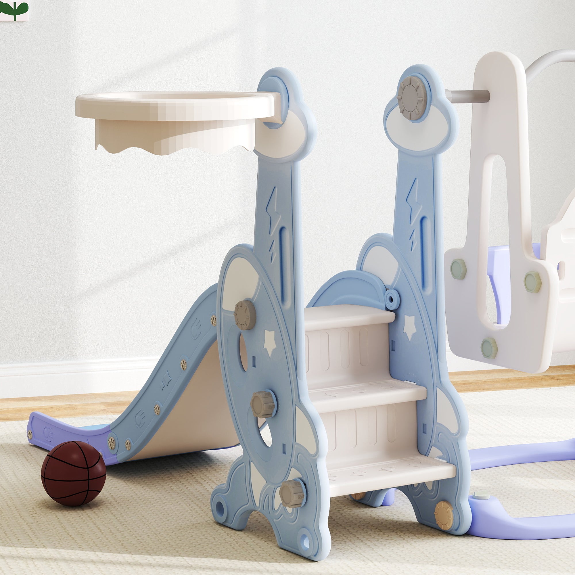 AIYAPLAY 4-in-1 Indoor-Spielplatz, Rutsch- und Schaukelset für Kleinkinder, Basketballkorb, Raketendesign, Kunststoff, Hellblau