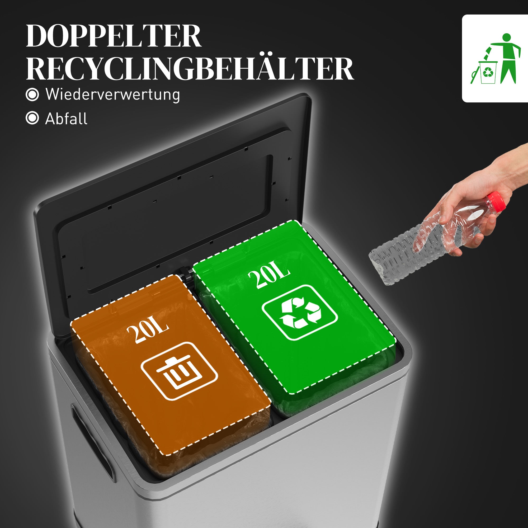 HOMCOM Mülleimer, Abfalleimer mit Deckel und Fußpedal, Edelstahl, 2x 20 Liter-Fächer, Silber