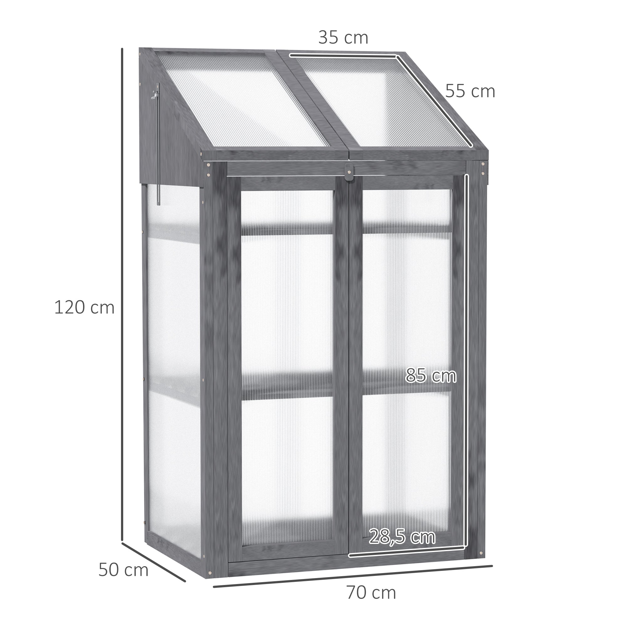Outsunny Mini-Gewächshaus, kleines Treibhaus mit Holzrahmen, Fenster und Doppeltür, 3 Regale, 70L x 50B x 120H cm, Grau