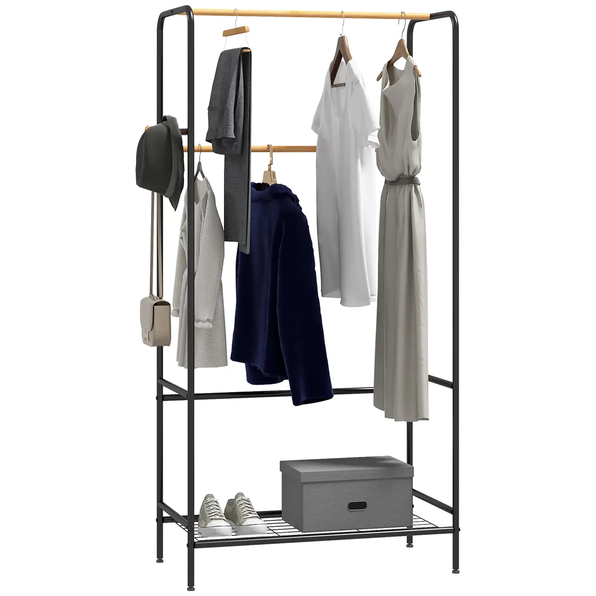 HOMCOM Kleiderständer, 2 Kleiderstangen, Ablage & Haken, Bambus/Stahl, Schwarz