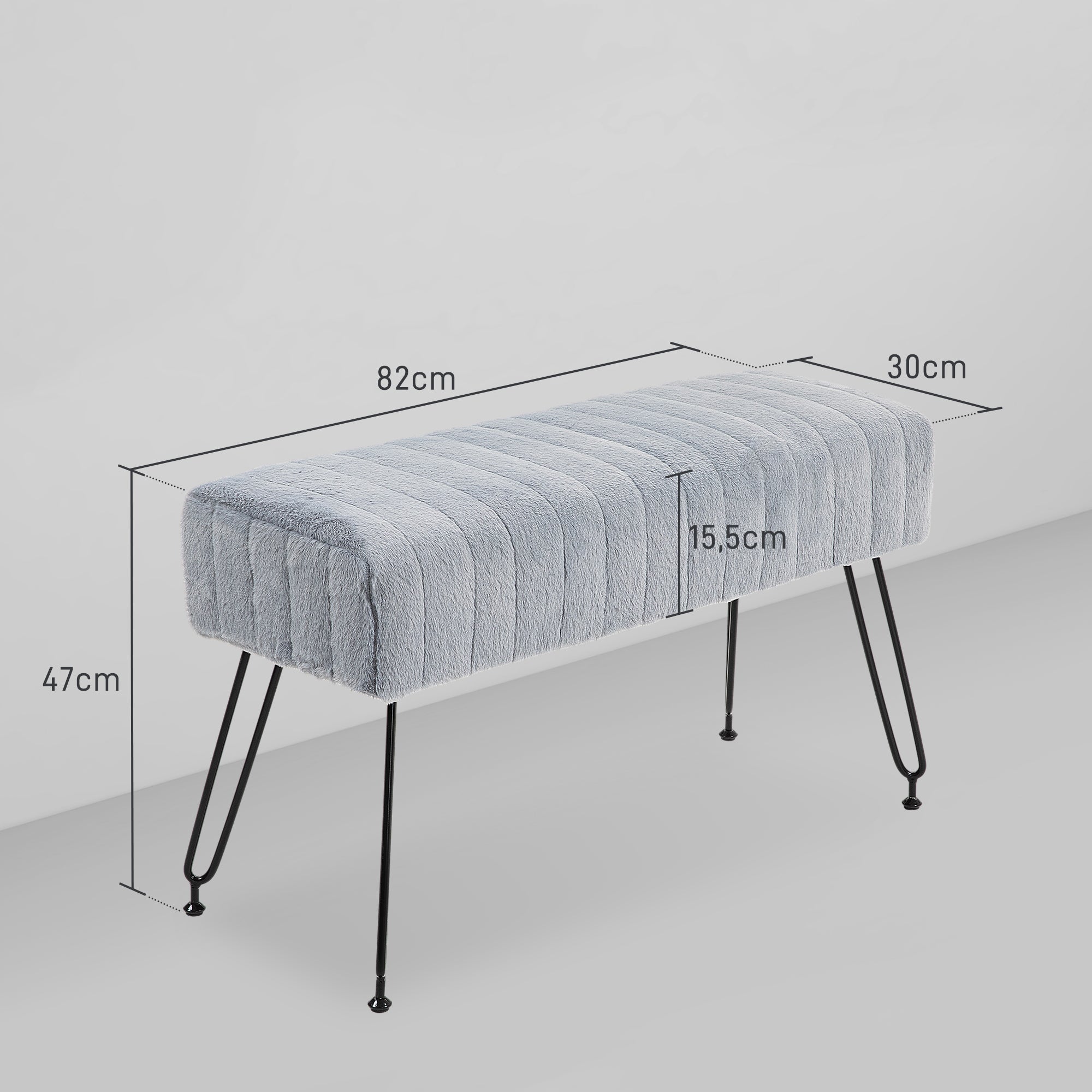 HOMCOM Sitzbank, gesteppter Sitz, Kunstfellbezug, Metallbeine, bis 120 kg, 82x30x47 cm, Grau/Schwarz