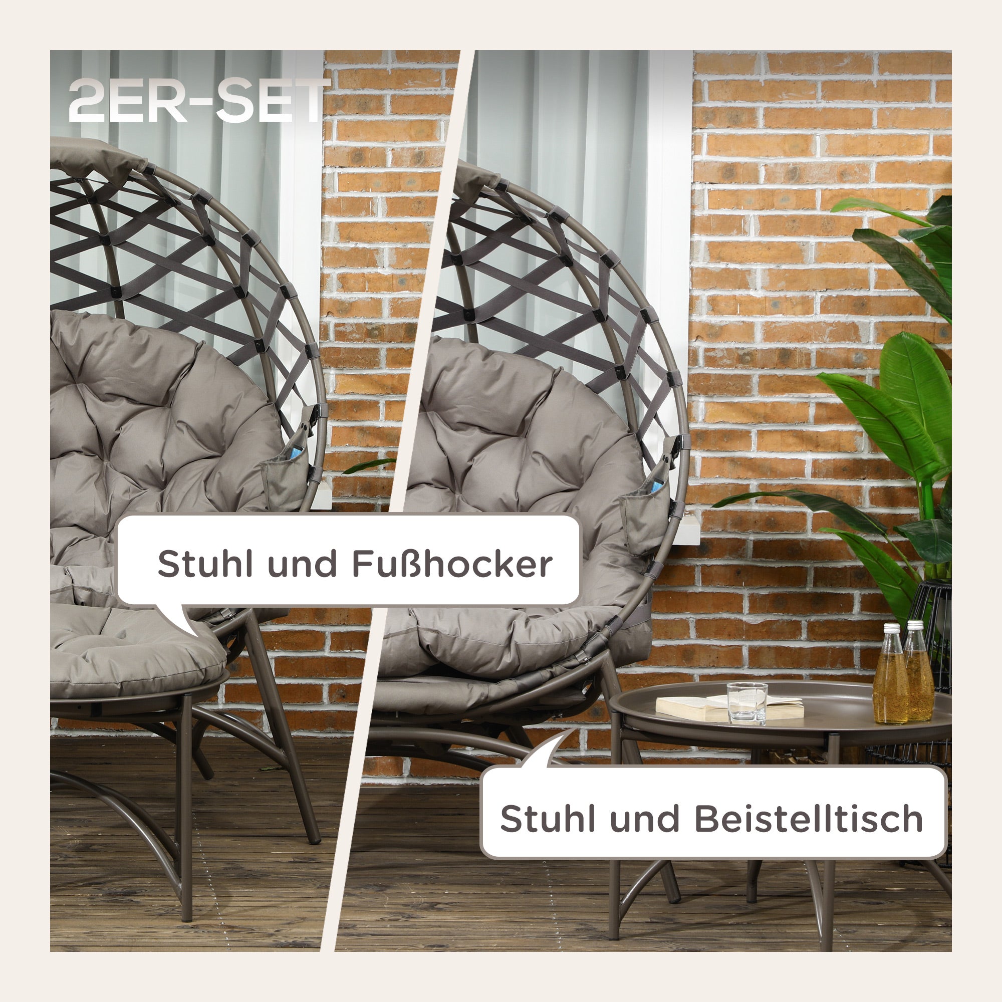 Outsunny Gartenstuhl-Set, 2-tlg., Hocker/Beistelltisch, gr. Sitzkissen, Stahlrahmen, Farbe: Sand, 118 x 75 x 142 cm