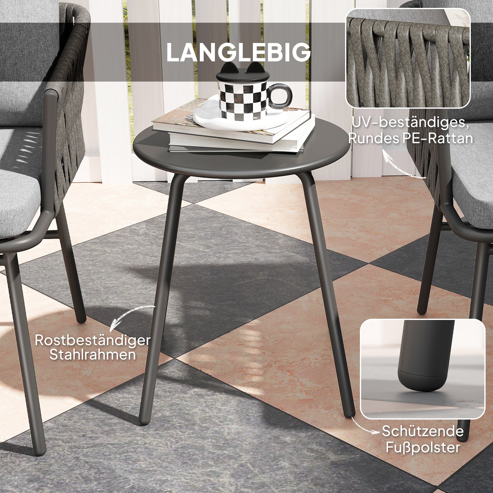 Outsunny 3-teiliges Außenmöbel-Set, 2 Stühle, 1 Tisch, Bistro-Set, Kunst-Rattan, Stahlrahmen, Metalltisch, 4 Kissen, Grau