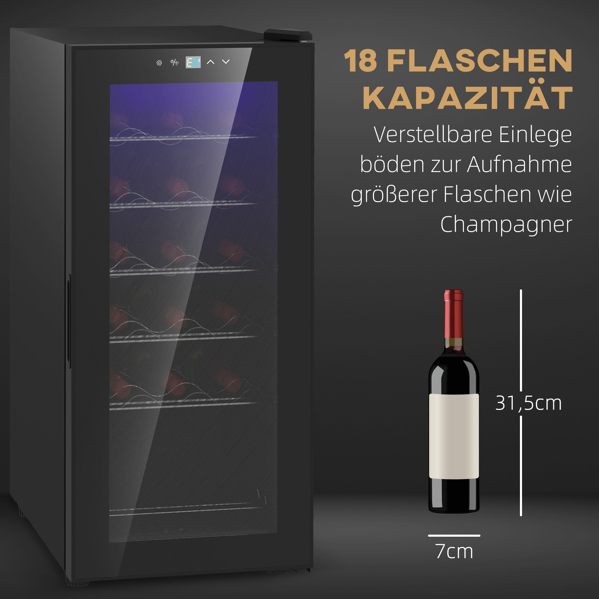 HOMCOM Weinkühlschrank, leise, 5-18°C, Touchscreen, Beleuchtung, 34,5x45x78cm, Schwarz