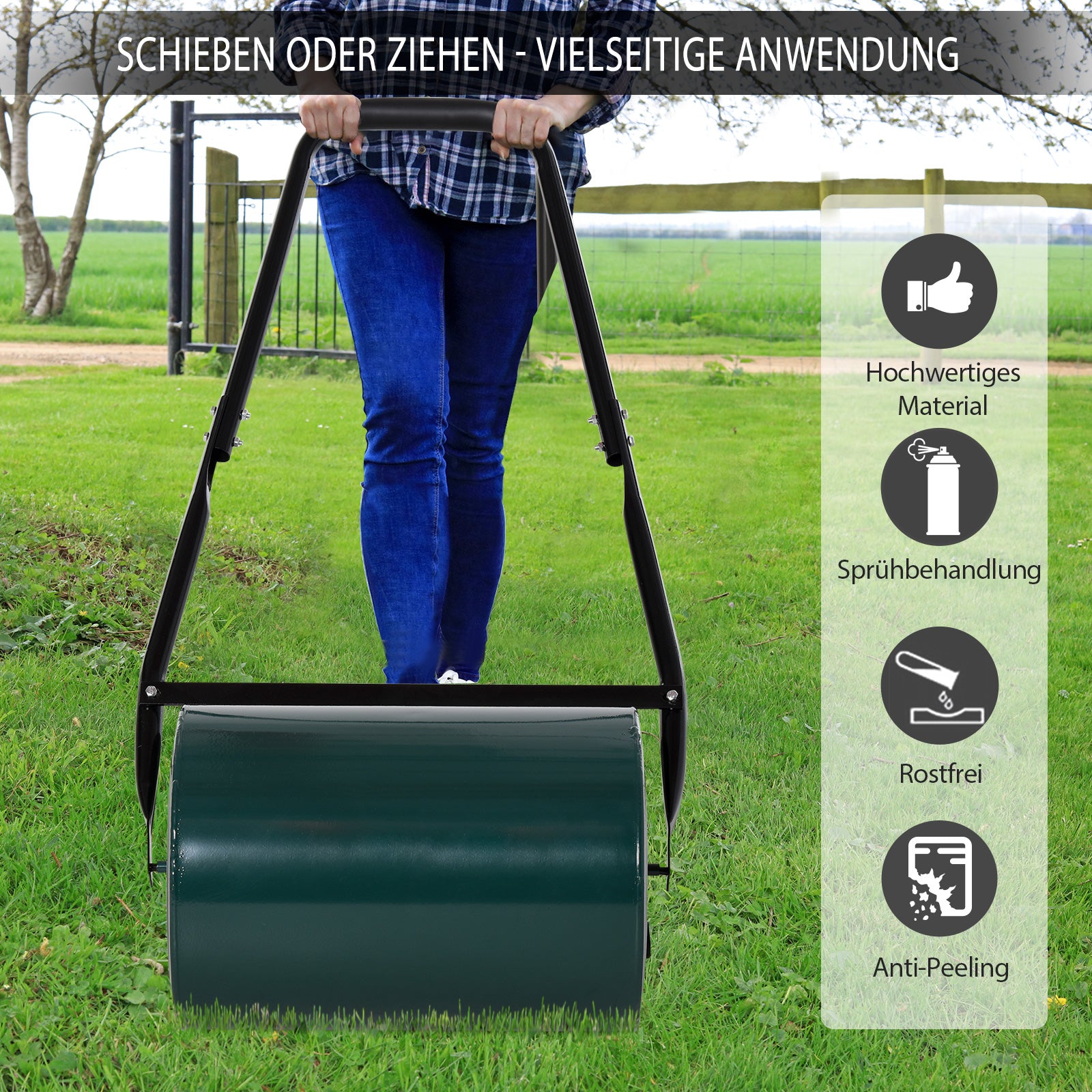 Outsunny Rasenwalze Gartenrolle Gartenwalze mit U-Griff 31 cm Durchmesser 30 cm Arbeitsbreit 40 L Wasser-/Sandfüllunge Metall Grün