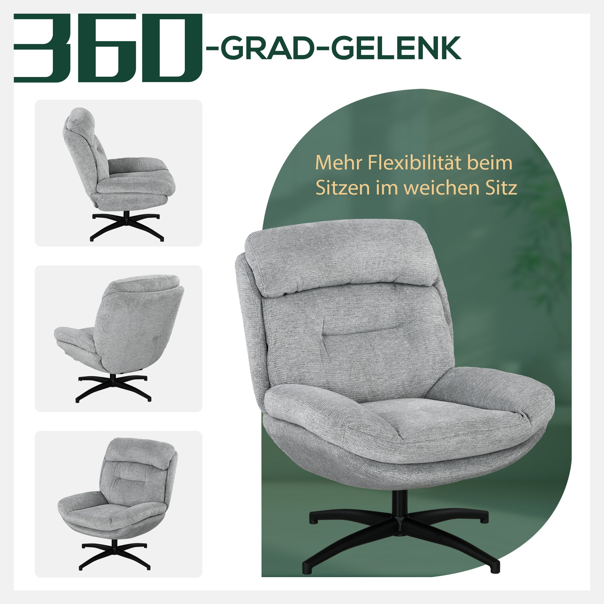 HOMCOM Drehsessel, 360-Grad-Drehung, Chenille-Stoff, integrierte Armlehnen, Stahlbeine, Grau, Schwarz