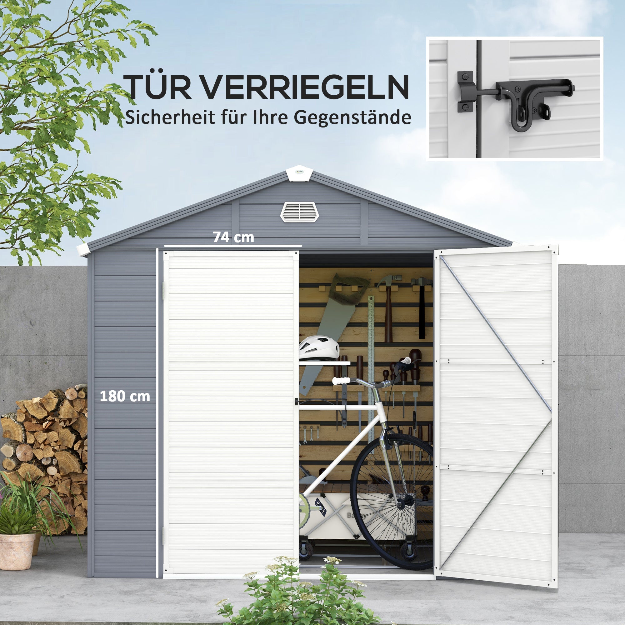 Outsunny Gerätehaus, Gartenhaus, Geräteschuppen mit Lüftungsfenster, Kunststoff, Metall, 240 x 190 x 180/228, Grau