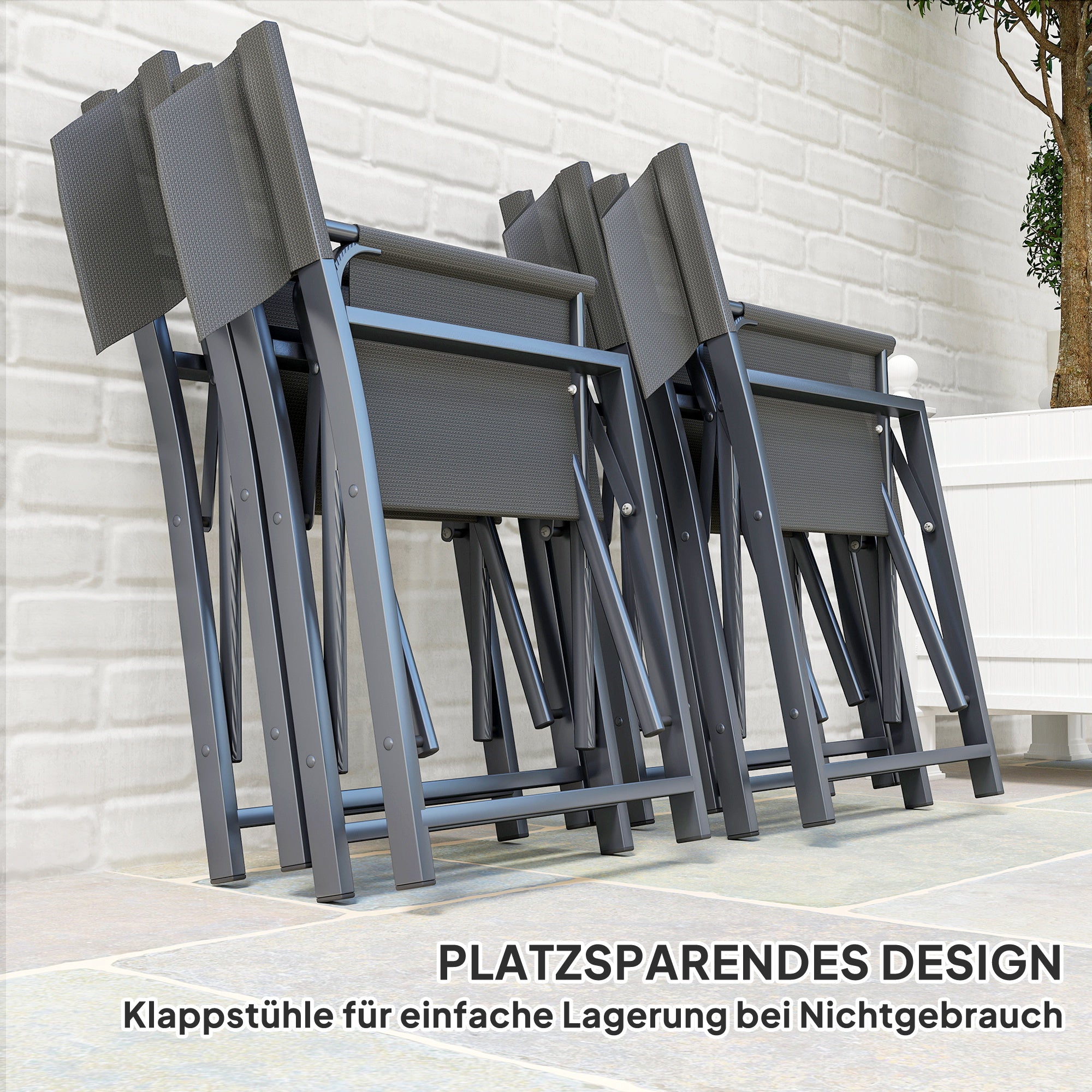Outsunny Sitzgruppe 5-teilig Essgruppe Stahl für 4 Personen Esstisch mit 4 klappbar Stühlen Glastisch Grau