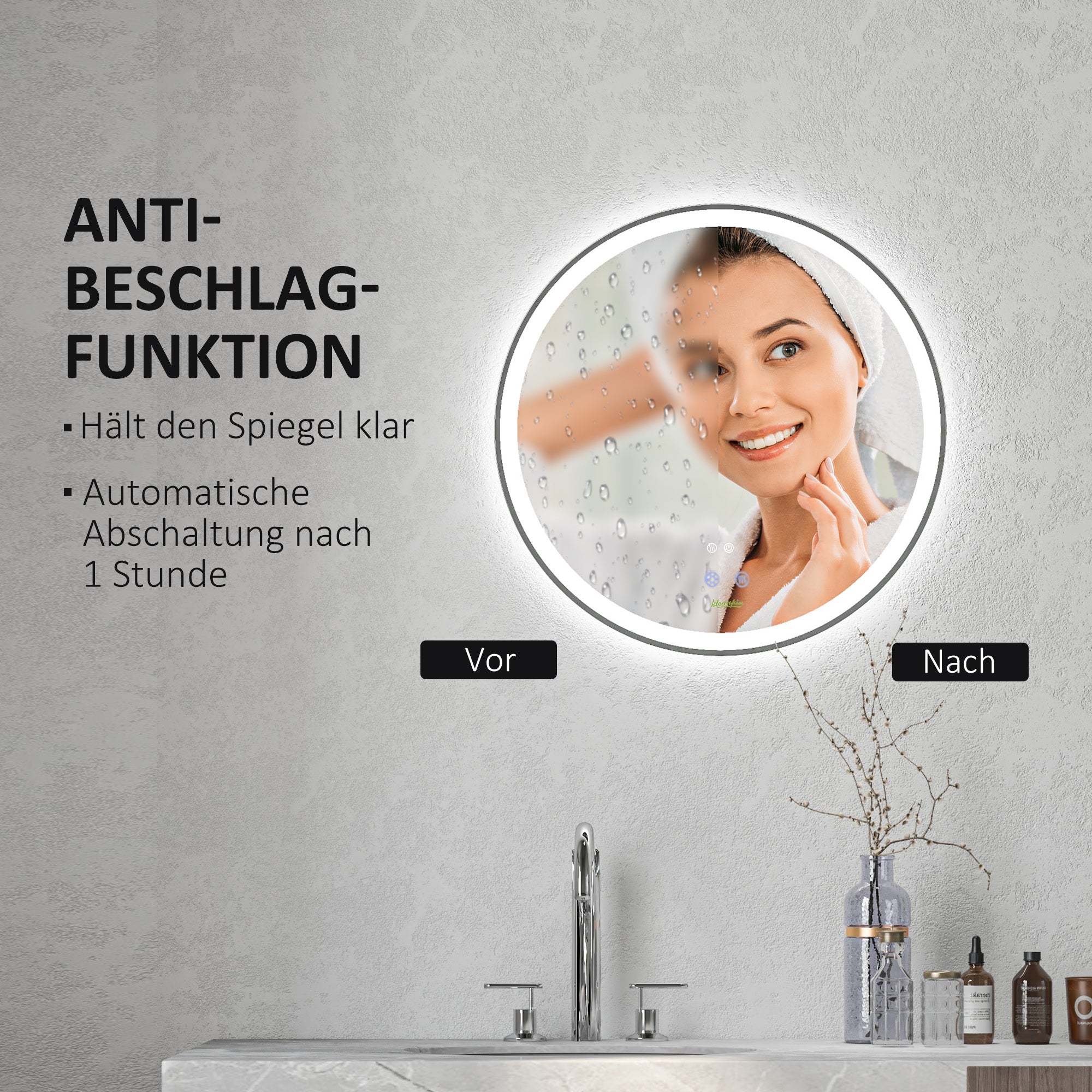 kleankin Badezimmerspiegel Badspiegel Runder Spiegel, LED- Licht, Touch-Funktion, kein Beschlagen, 60 x 60 cm