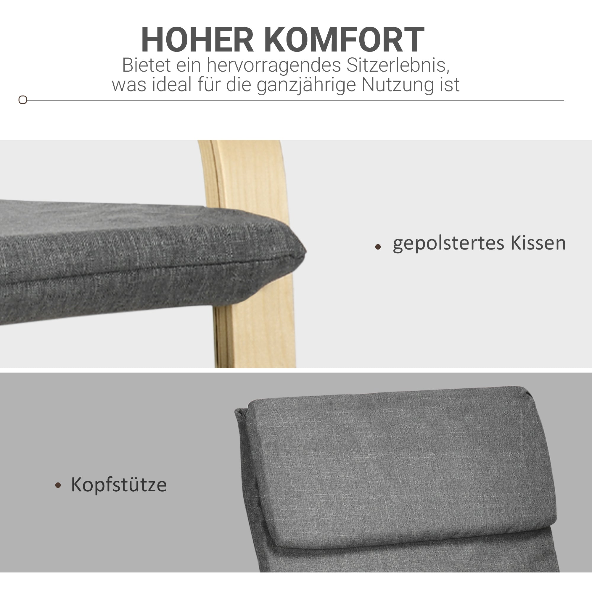 HOMCOM Sessel mit Kopfstütze und Armlehnen, Bezug in Leinenoptik, Holzgestell, Grau + Natur