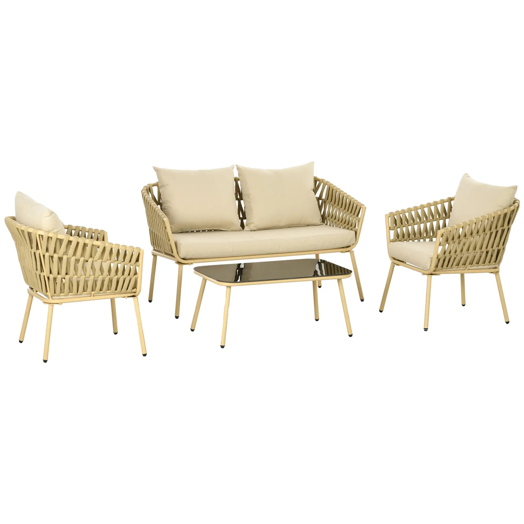 Outsunny Gartenmöbel-Set, 4-teilig, Tisch mit Glasplatte, inkl. Sitzkissen, wetterfest, Khaki