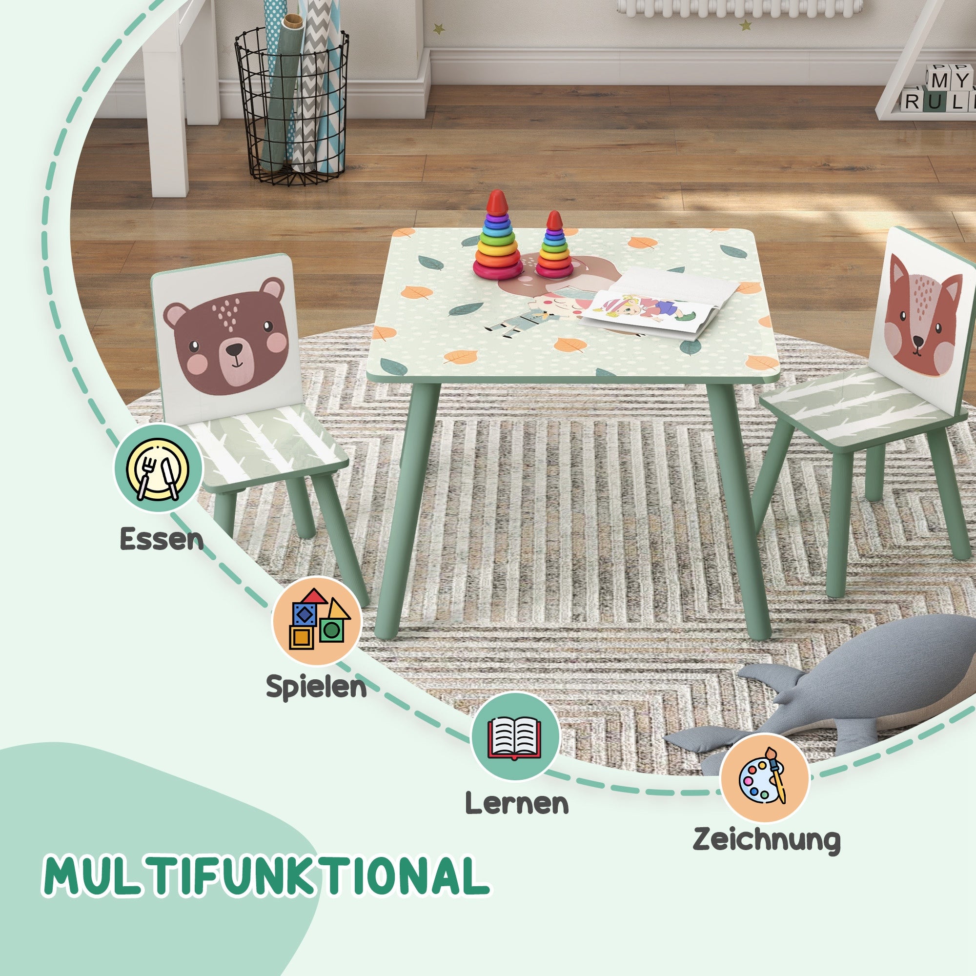 ZONEKIZ Sitzgruppe für Kinder 3-8 Jahre, 1 Tisch & 2 Stühle, niedliches Tiermotiv, Grün