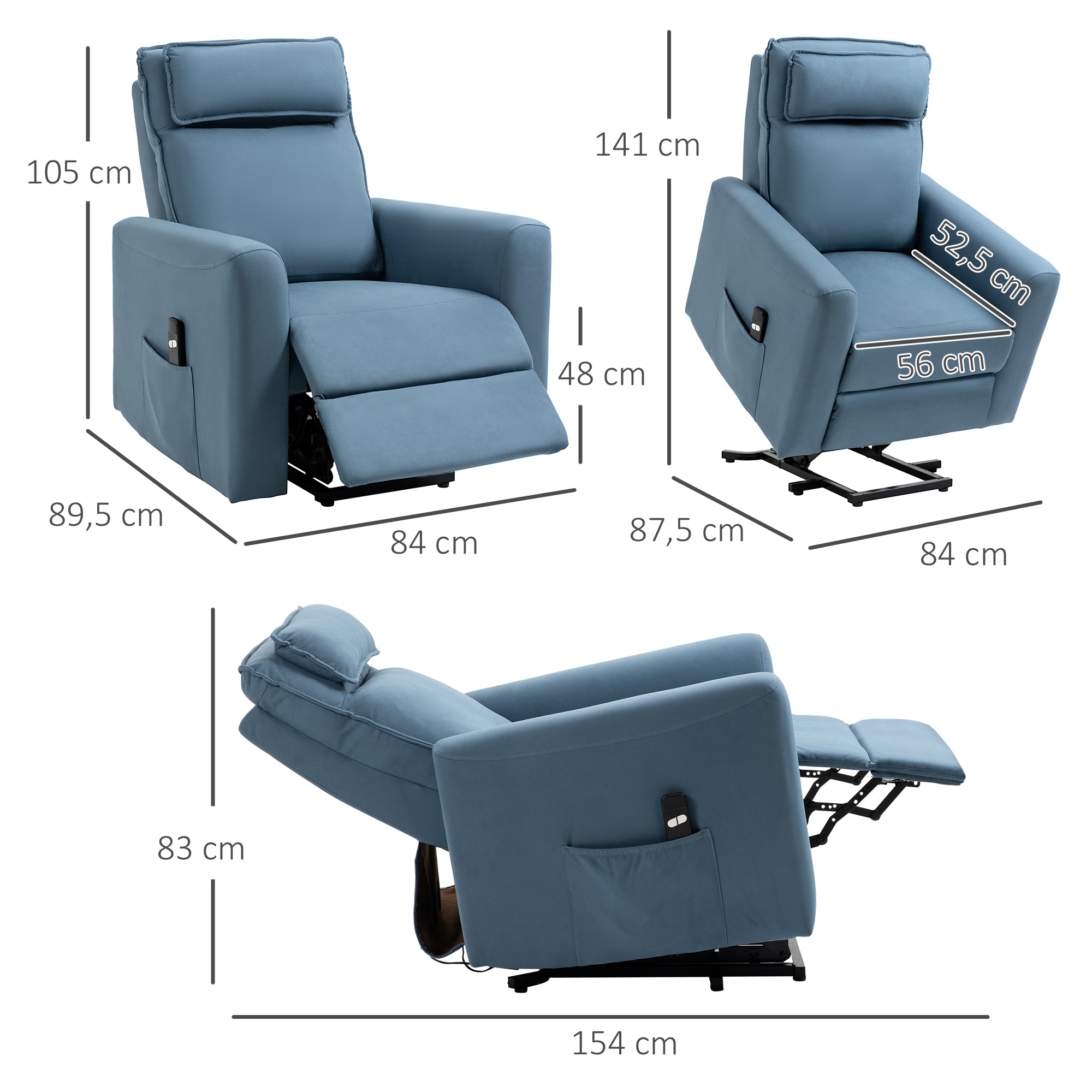 HOMCOM Aufstehhilfe Relaxsessel Fernsehsessel, integrierte Fußstütze, Seitentasche, Kabelfernbedienung, 84 x 89,5 x 105 cm,Blau