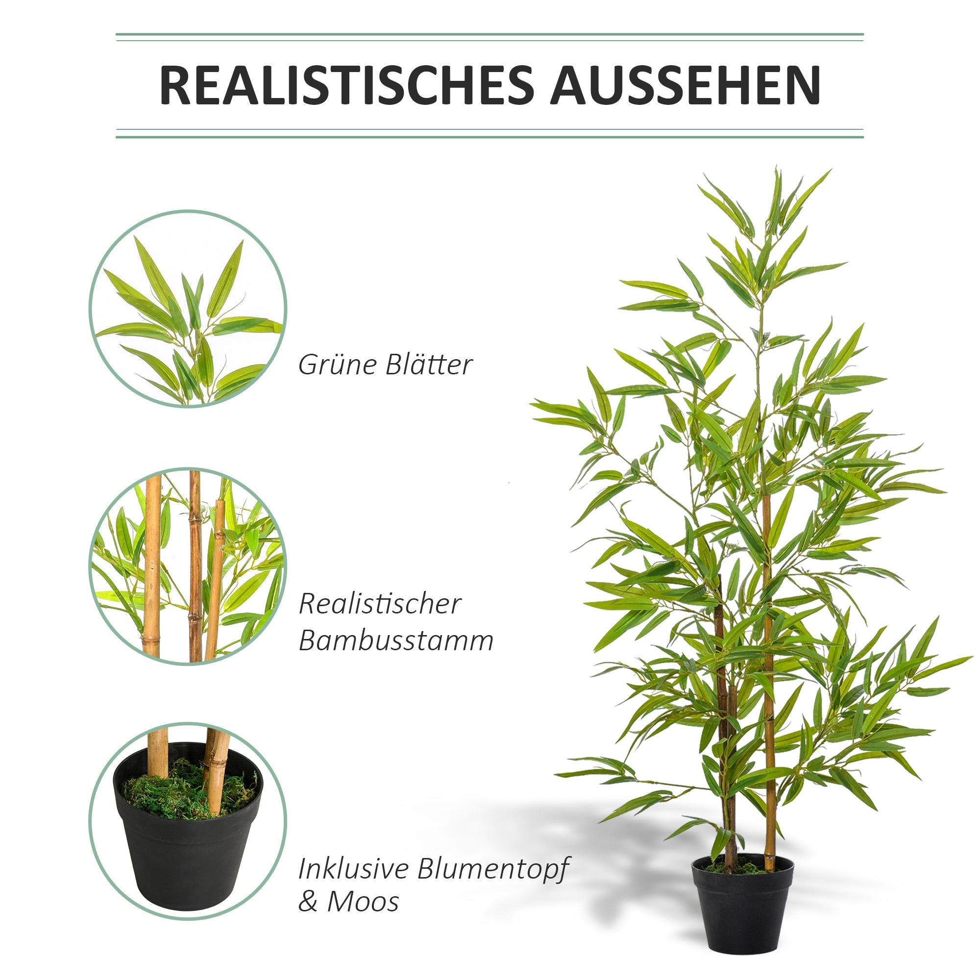 Outsunny Künstlicher Bambus, Kunstpflanze, Dekopflanze mit Topf, Kunstbaum, Baumdekoration, 120 cm