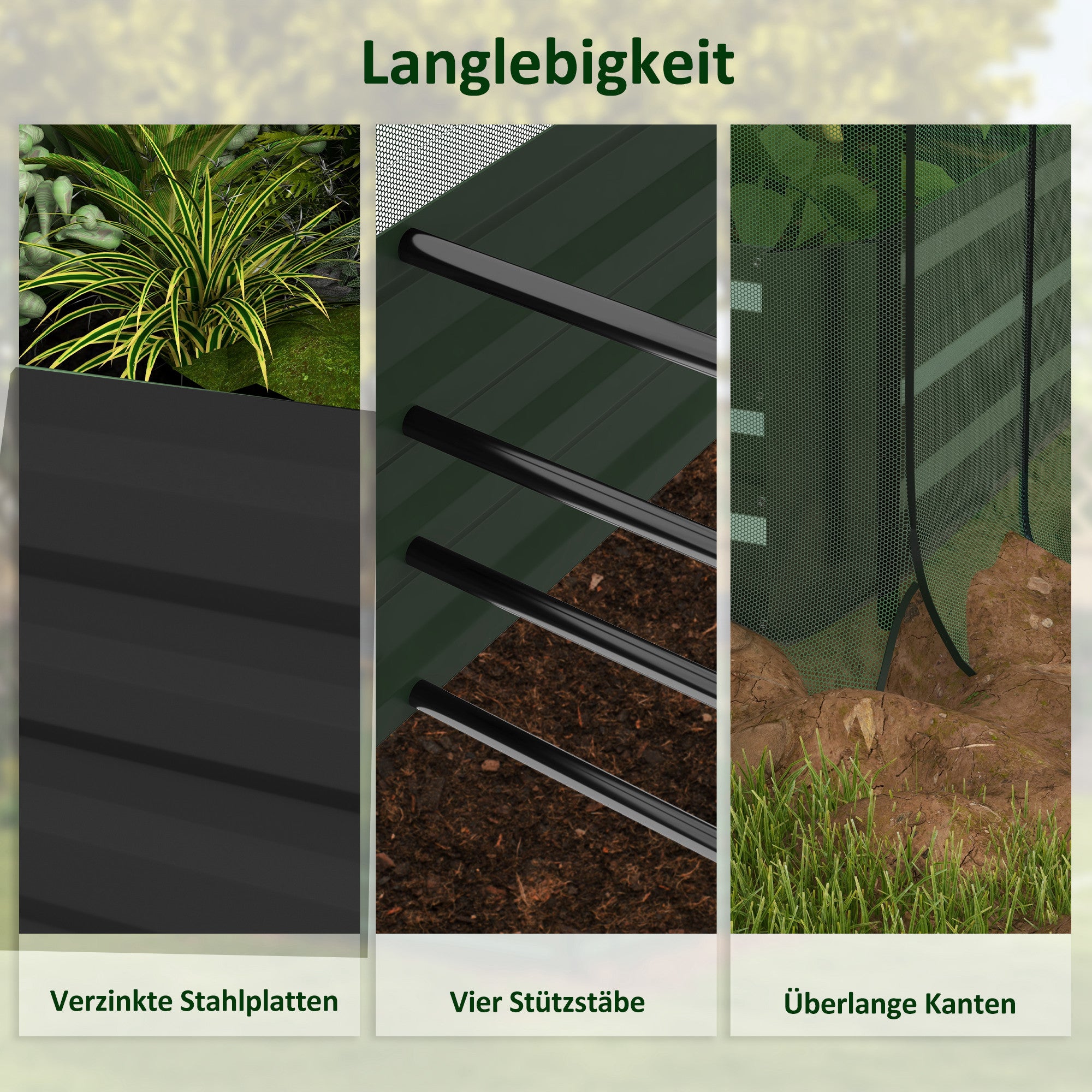 Outsunny Hochbeet mit Vogelschutznetz und Sonnenschutz, Metall-Gehäuse, 230x110x110 cm, Grau/Grün/Schwarz