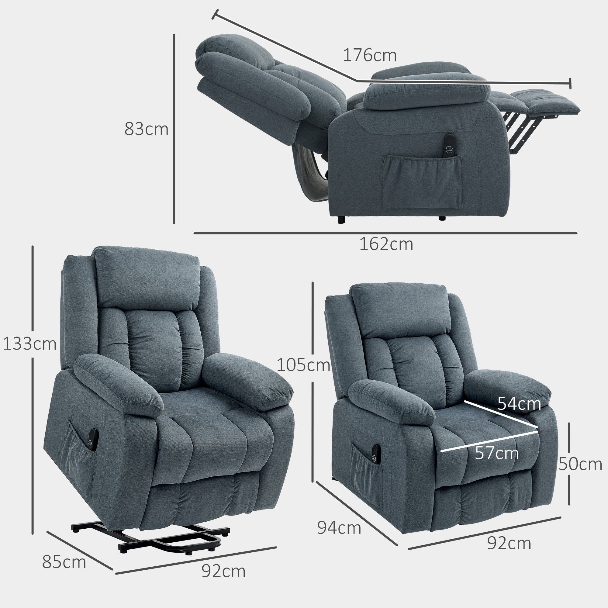HOMCOM Aufstehsessel mit weichem Bezug, Recliner-Sessel mit Fernbedienung und Seitentaschen, Grau
