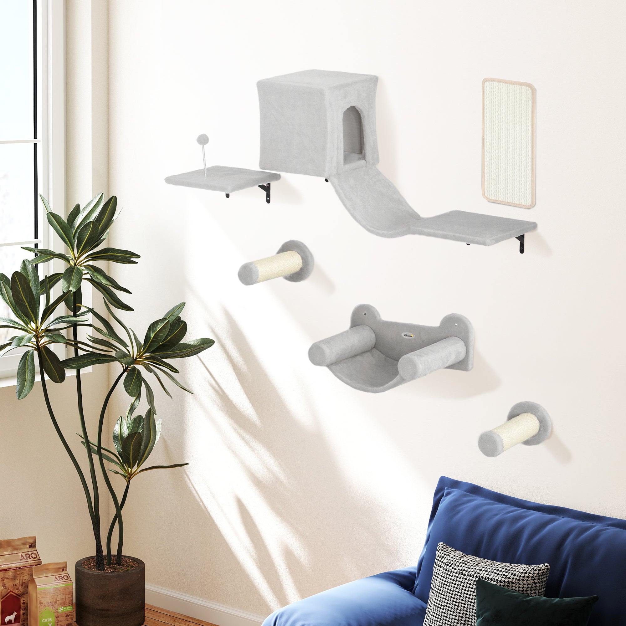 PawHut Kletterwand Katzen 6-teilig Katzen Kletterwand Set mit Katzenhaus, Hängematte, Plattform Kratzbrett Grau