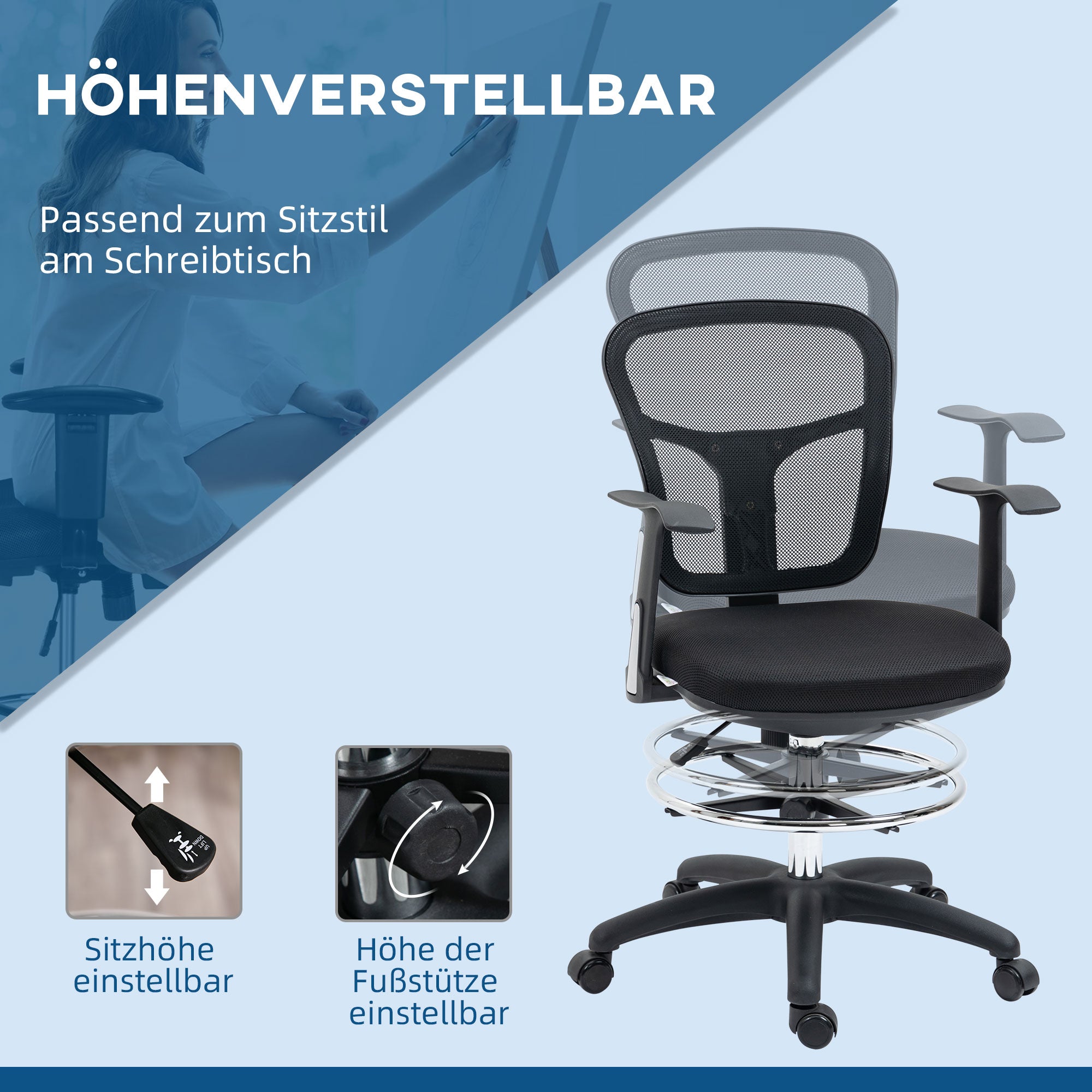 Vinsetto Zeichenstuhl Schreibtischstuhl Computerstuhl, inkl. Fußstütze, höhenverstellbar, 59 x 59 x115 cm, Schwarz