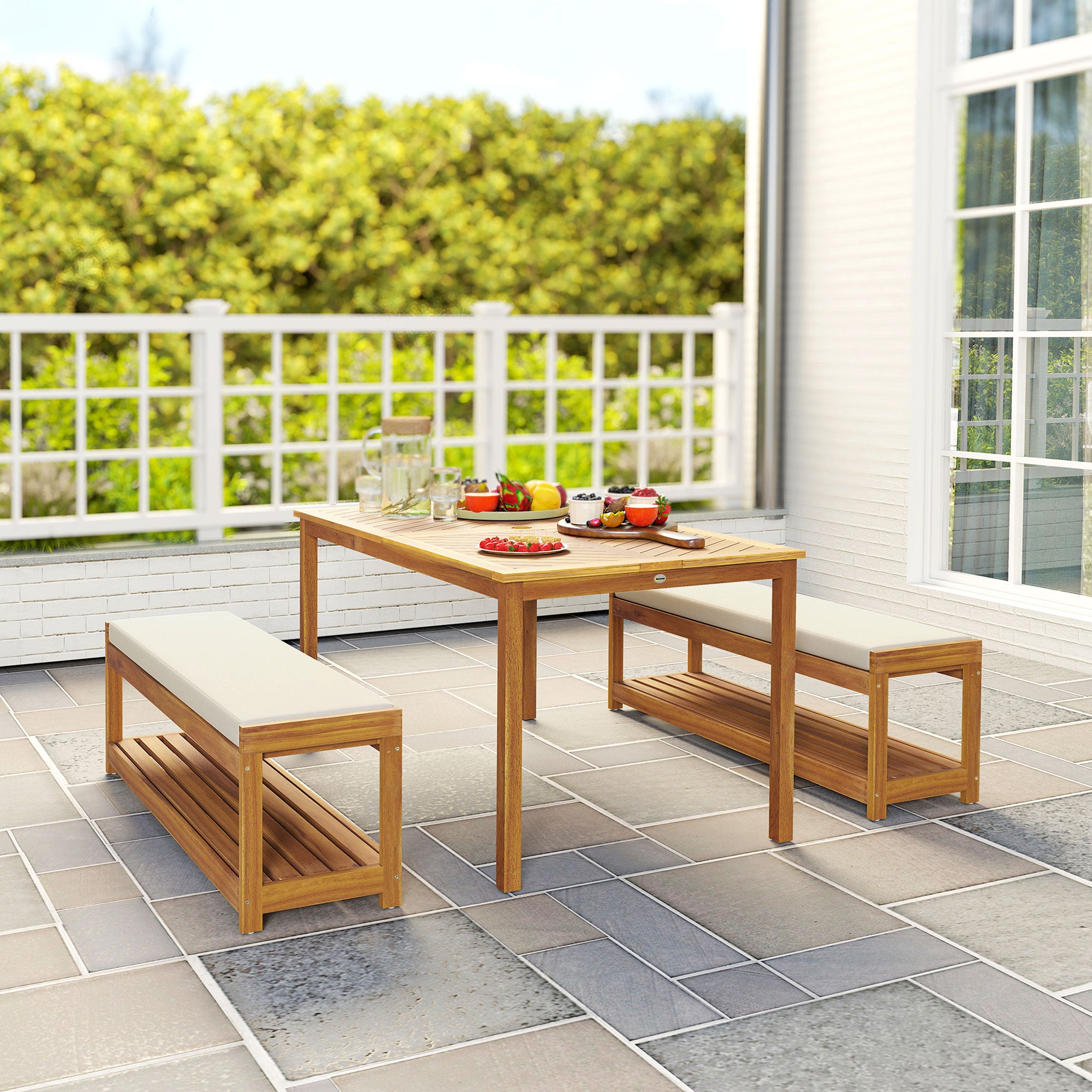 Outsunny 3 tlg. Gartenmöbel-Set, Sitzgarnitur inkl. 1 Esstisch mit Schirmloch, 2 Bänke 150 x 85 x 75 cm Teak