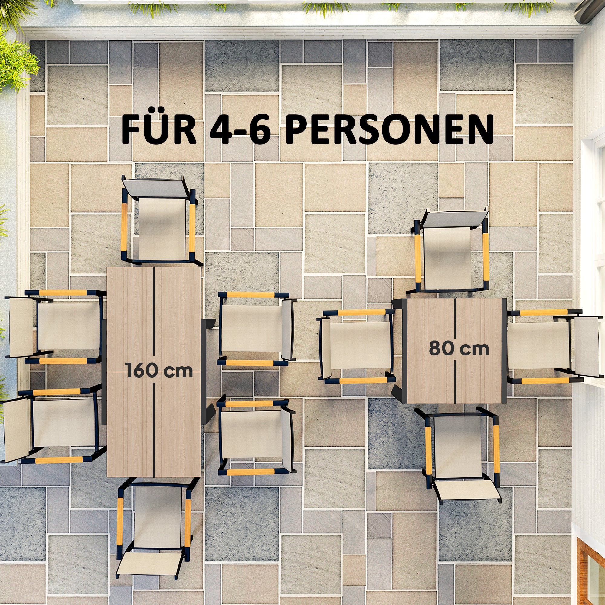 Outsunny Gartentisch Ausziehbarer Aluminium 80/160x80 cm Wetterfest Balkontisch für 6 Personen Naturholz