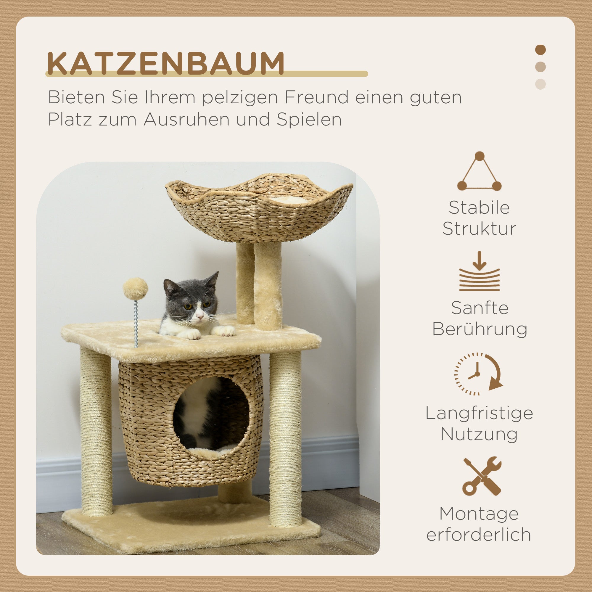 PawHut Kratzbaum mit Katzenhöhle, Liegeplattform, Spielball, 45x40x74cm, Beige