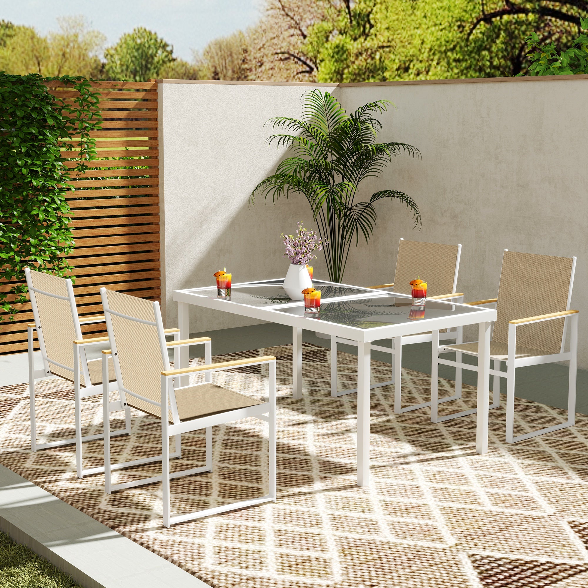 Outsunny 5-teiliges Ess-Set, Outdoor-Tisch aus Hartglas, 4 Stühle, wetterbeständig, Stahlrahmen, Terrassenmöbel, Mehrfarbig
