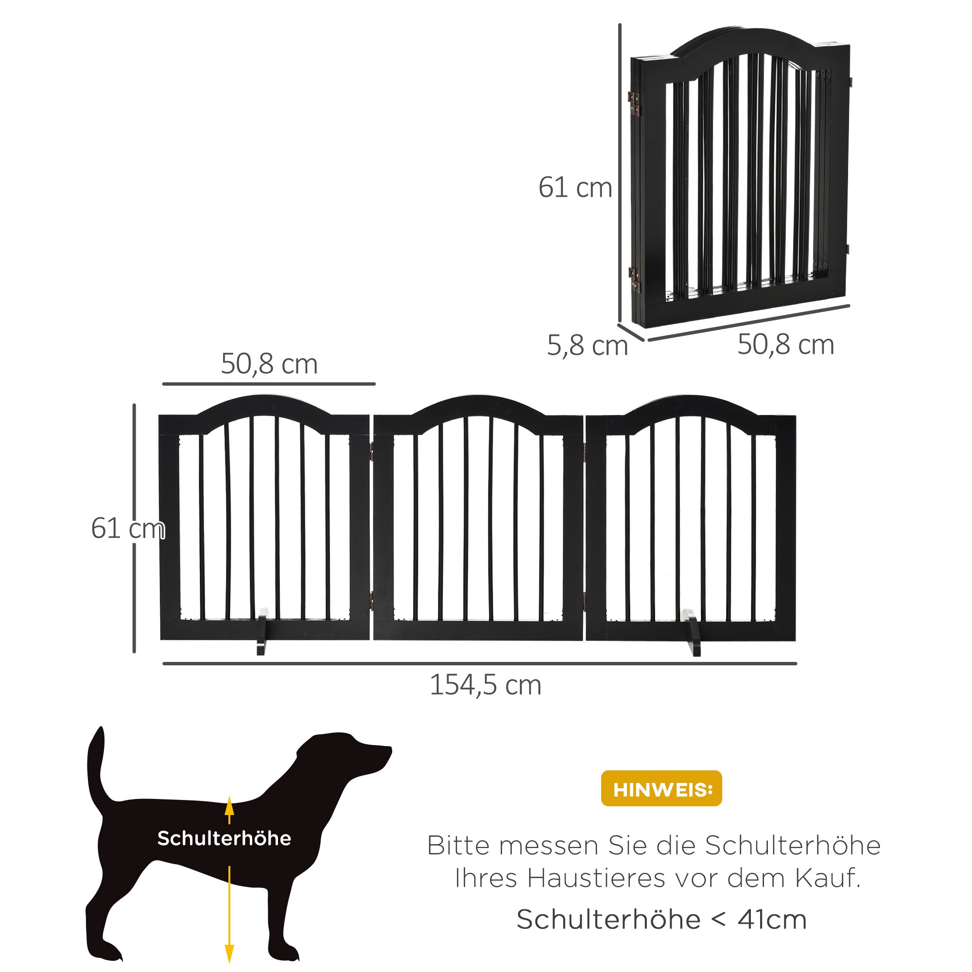 PawHut Absperrgitter Hund 3-teilig, 154,5 x 61 cm Faltbar Hundegitter mit Tür, Türschutzgitter mit 2 Stützfüßen, Freistehend Treppengitter für Küche, Flur, Schwarz