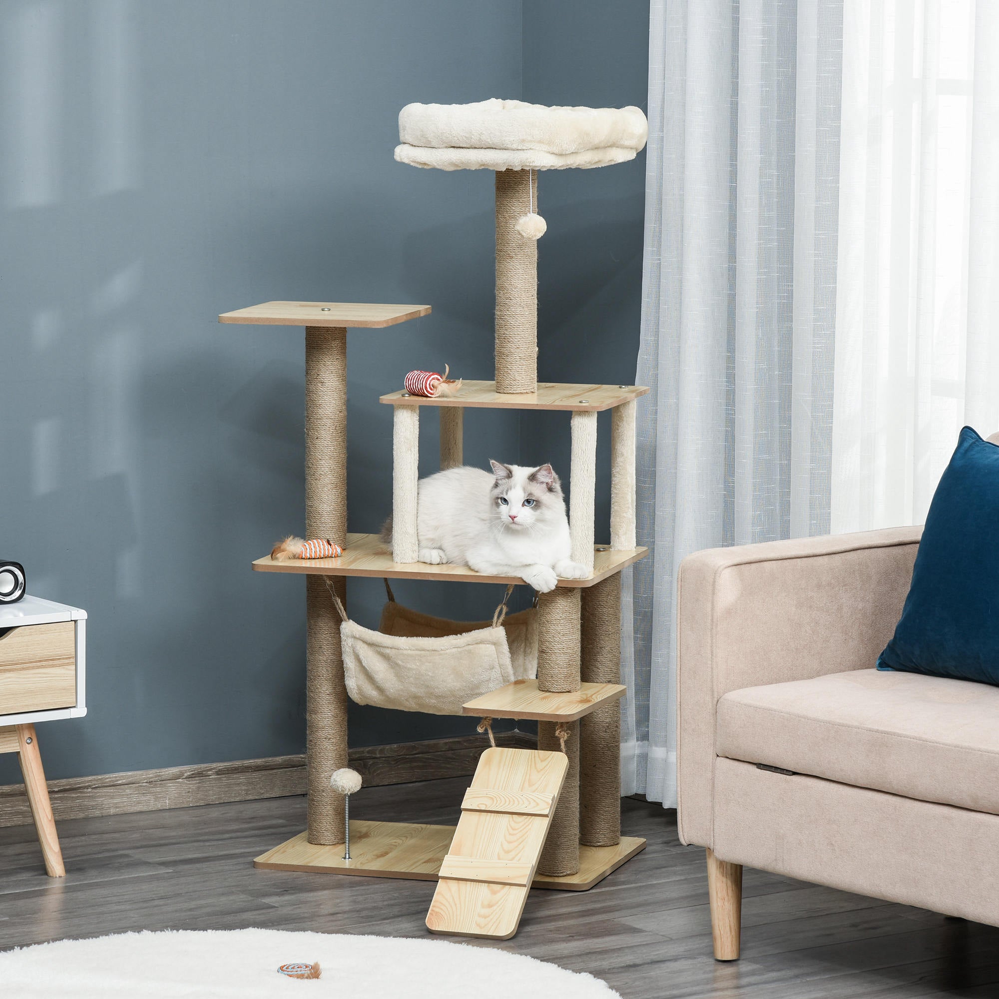 PawHut Kratzbaum Katzenbaum für Katzen Kletterbaum aus Holz mit Katzenhöhle Jutestämmen großer Plattform Spielbälle 130 cm Höhe stabil Plüsch Gelb 60 x 40 x 130 cm