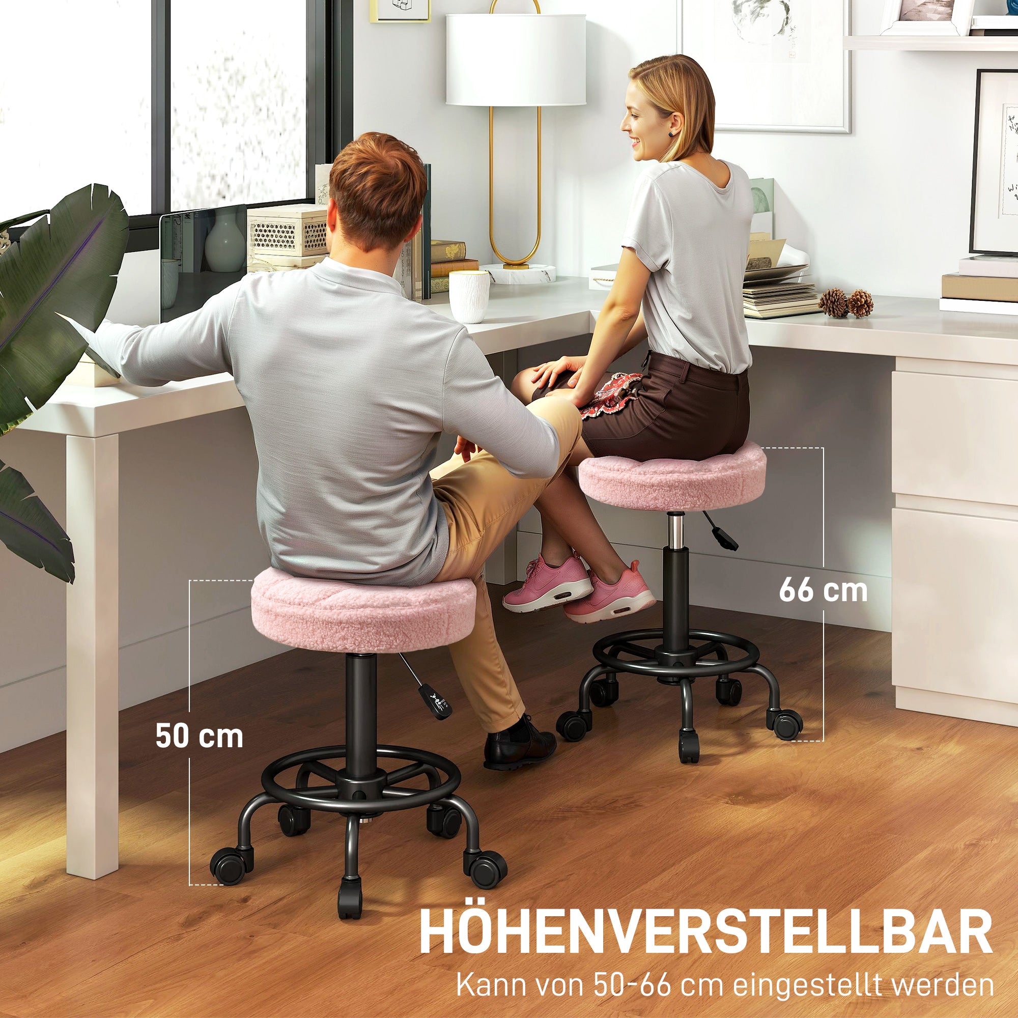 HOMCOM Rollhocker höhenverstellbar Drehhocker 55-66 cm Arbeitshocker 360° drehbar Ø50 x 50-66 cm Rosa