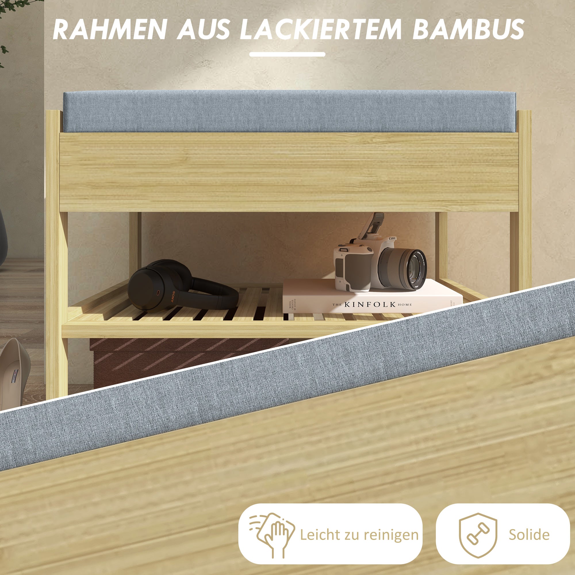 HOMCOM Schubank Schuhregal, 2 Ablagen, Sitzpolster, Bambus, 55 cm x 35 cm x 46 cm, Grau + Natur