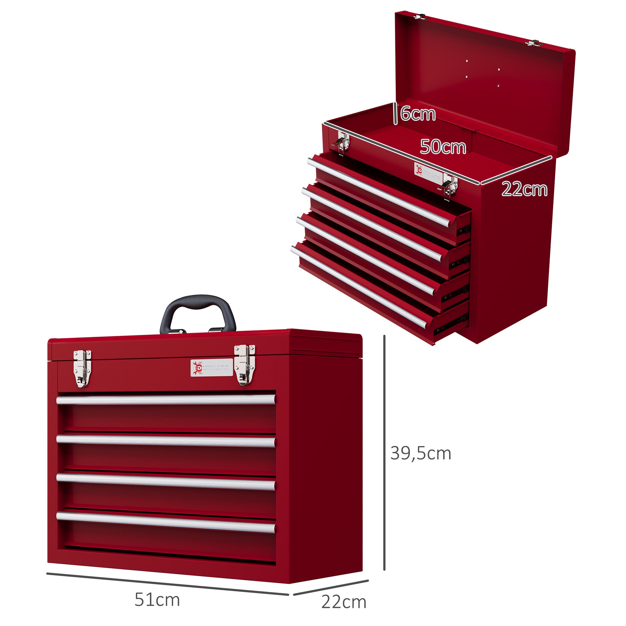 DURHAND Werkzeugkiste mit 4 Schubladen, oberes Staufach, Stahlverschlüsse, Tragegriff, 51x22x39,5 cm, Rot