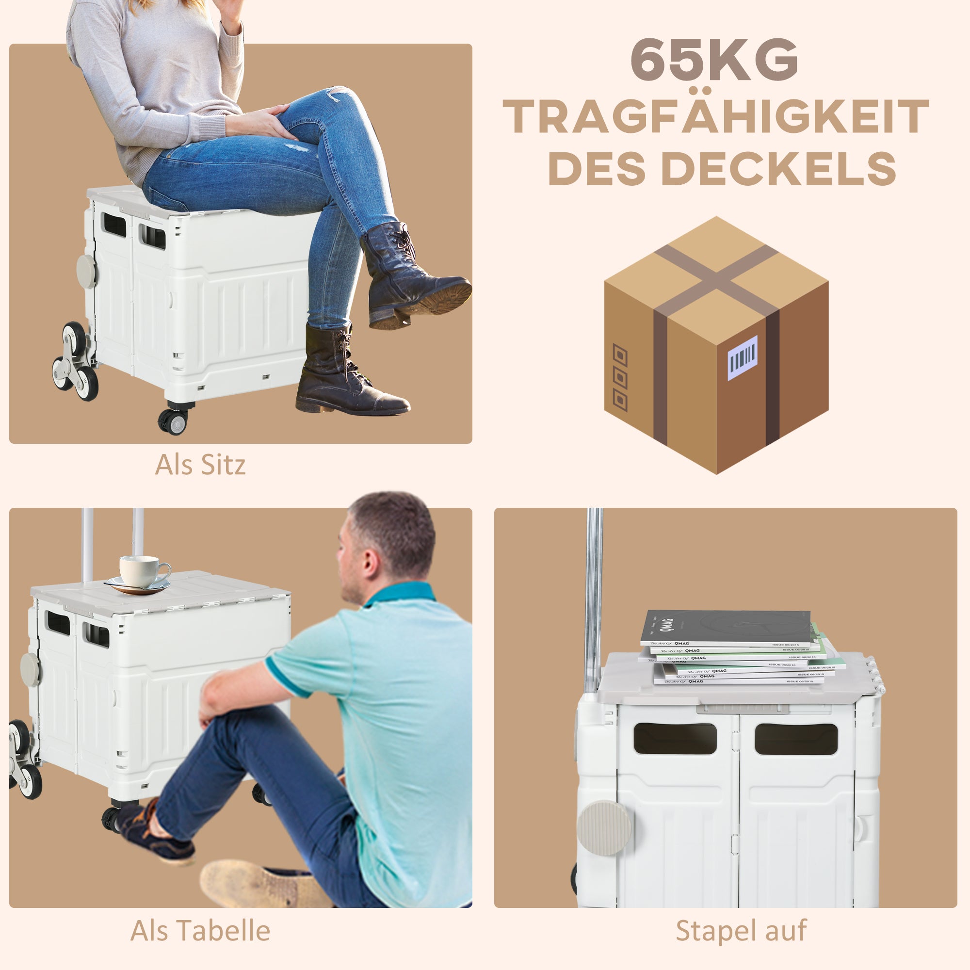 HOMCOM Einkaufstrolley Treppensteiger Mobile Transportbox,  klappbar, Teleskopgriff, bis max. 65 Kilo belastbar, Weiß