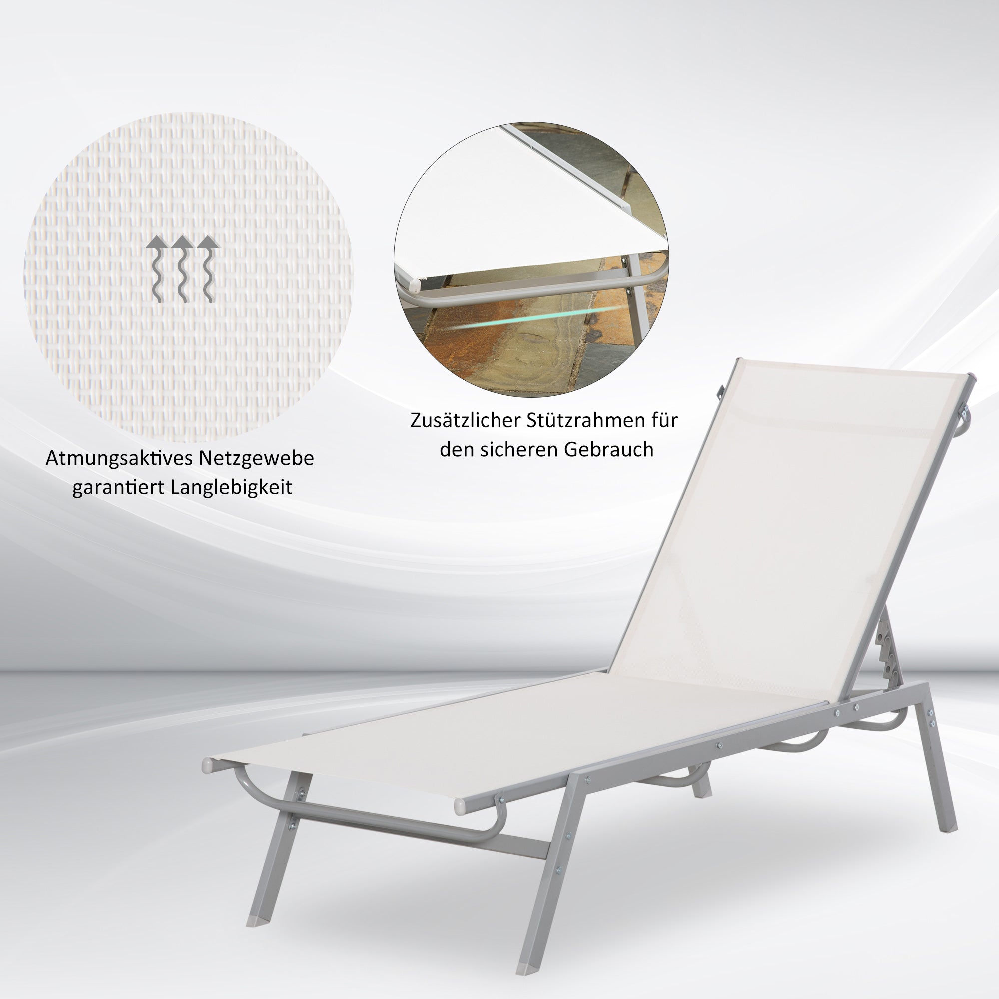 Outsunny Garten-Sonnenliege Relaxliege mit 5-stufige Rückenlehne aus Metall Cremeweiß 170 x 58 x 97 cm