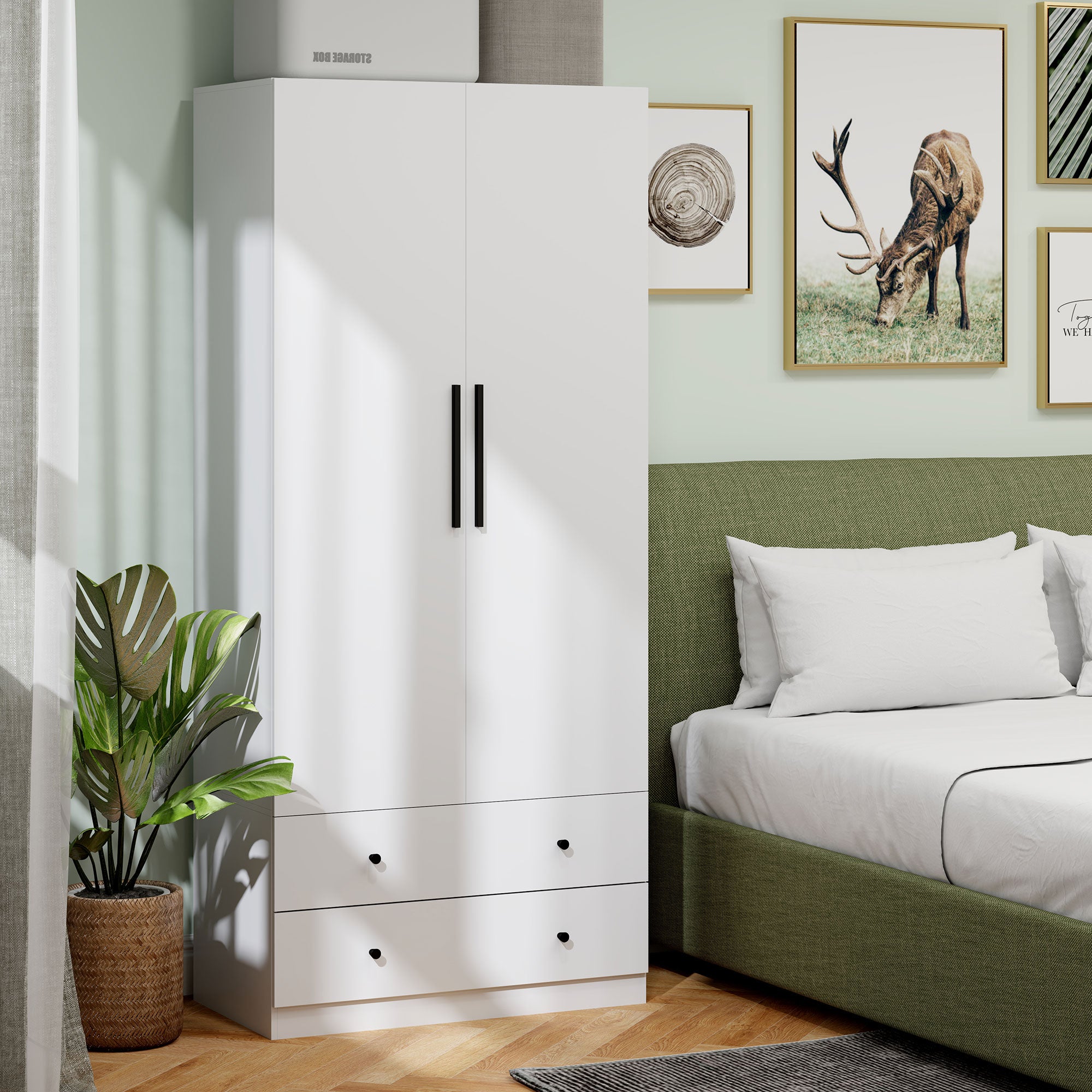 HOMCOM Kleiderschrank, 2 Türen, Hängebereich, Kleiderstange, 2 Schubladen, Spanplatte, Weiß