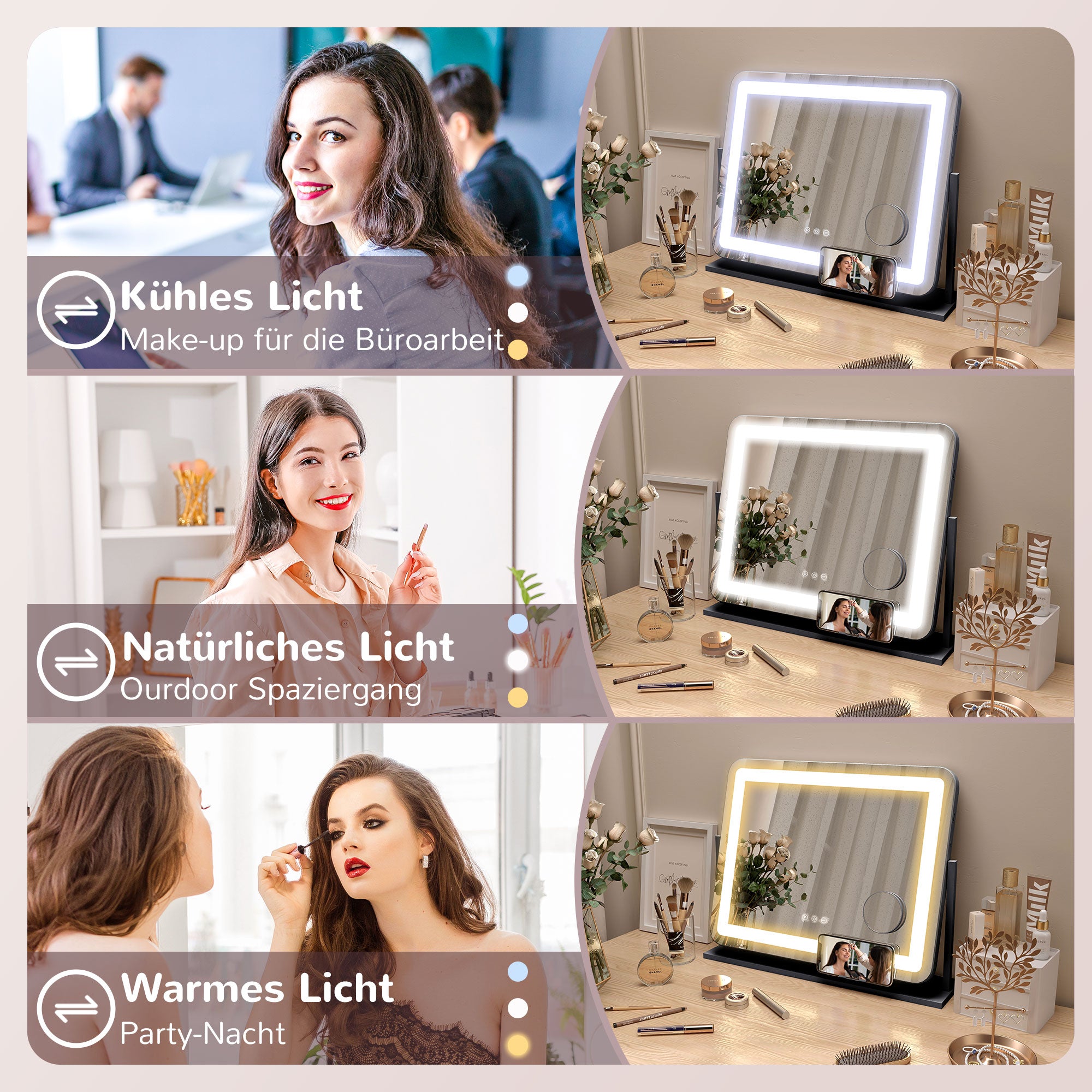 HOMCOM Schminkspiegel mit LED-Lampen, USB-Anschluss, 3 Modi, drehbar, Schwarz