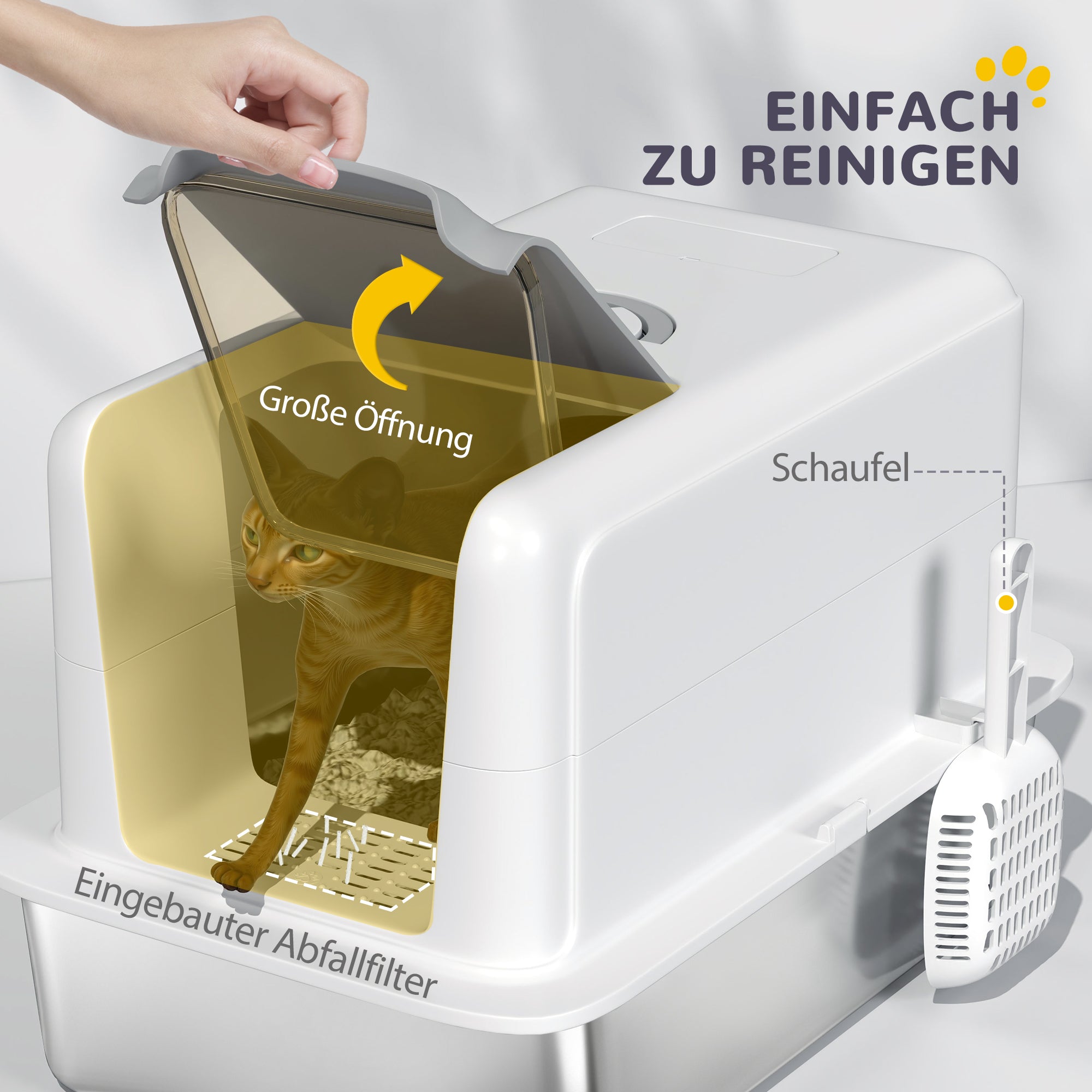 PawHut Katzentoilette, Wanne aus Edelstahl, Filter, Schaufel, für Katzen bis 6 kg, 40,5 x 60,5 x 41,5 cm, Weiß/Silber
