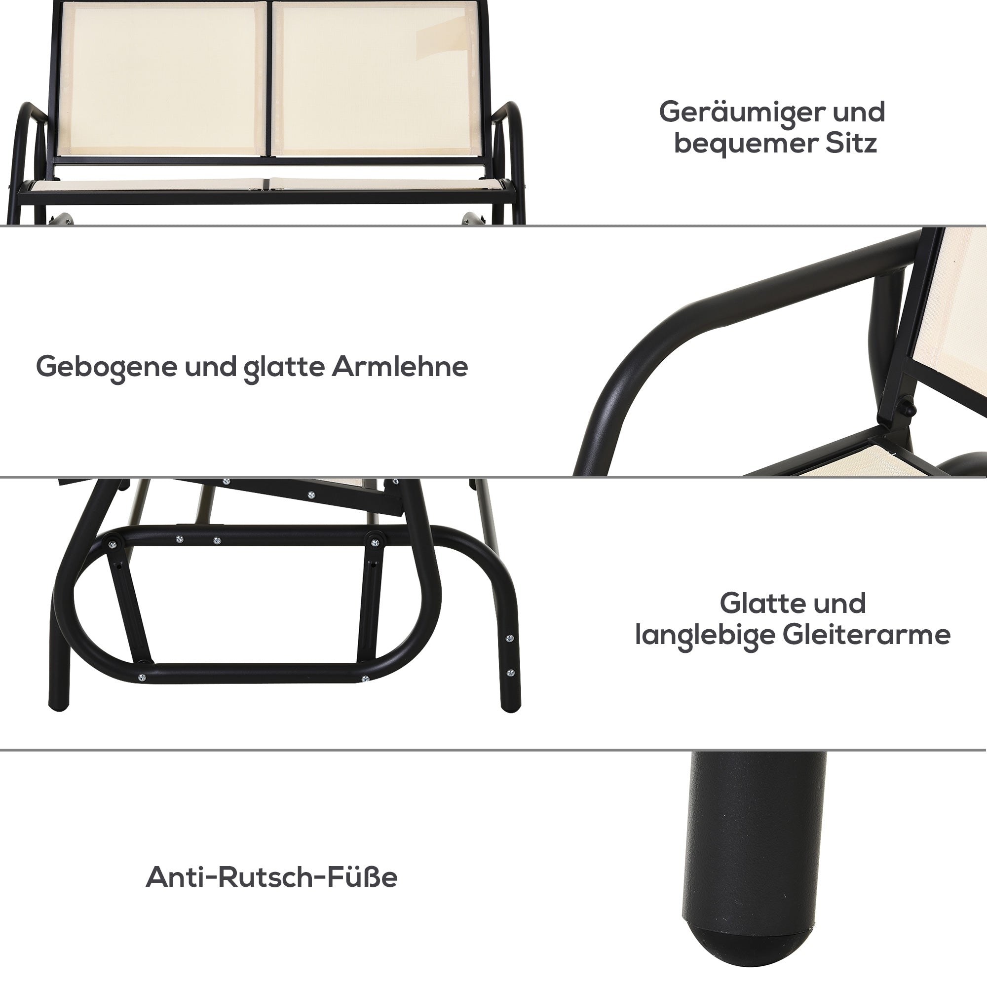Outsunny 2-Sitzer Schaukelstuhl Gartenbank mit Schaukelmechanismus Gartenschaukel Sitzbank aus Metall Parkbank bis 200 kg belastbar Gartenmöbel für Garten, Terrasse, 120 x 70 x 85 cm Schwarz+Beige