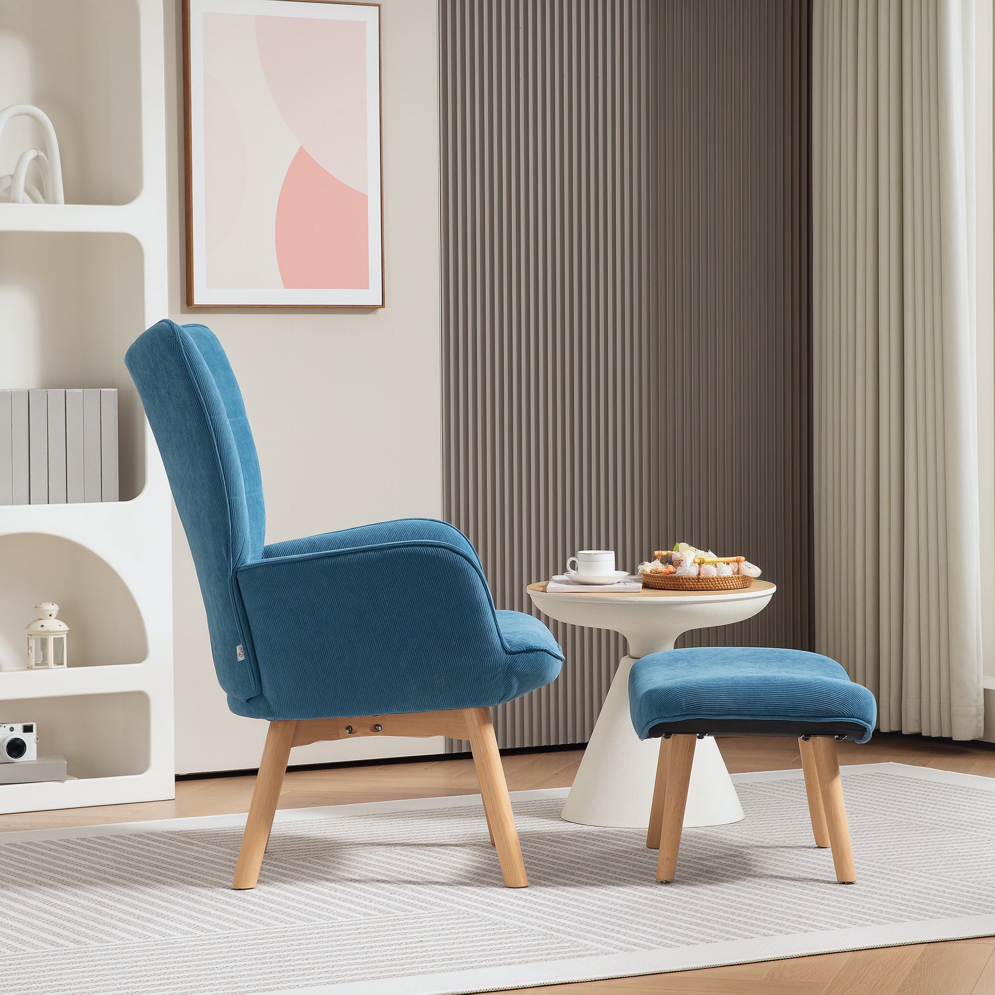 HOMCOM Akzentsessel mit Hocker, Relaxsessel in Cord-Optik, Armlehnstuhl mit Holzbeinen, für Wohnzimmer, Blau